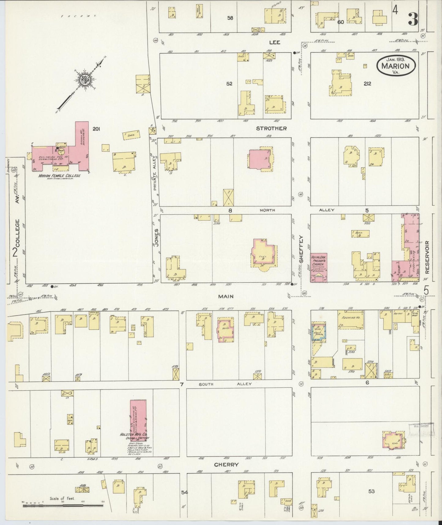 Sanborn Fire Insurance Map from Marion, Smyth County, Virginia (1913), Sheet #0003 - Historic Sanborn Fire Insurance Map Print, vintage old map wall art, antique decor, genealogy gift, Virginia Virginia map