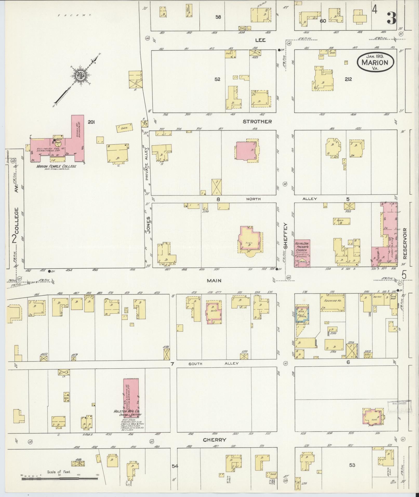 Sanborn Fire Insurance Map from Marion, Smyth County, Virginia (1913), Sheet #0003 - Historic Sanborn Fire Insurance Map Print, vintage old map wall art, antique decor, genealogy gift, Virginia Virginia map
