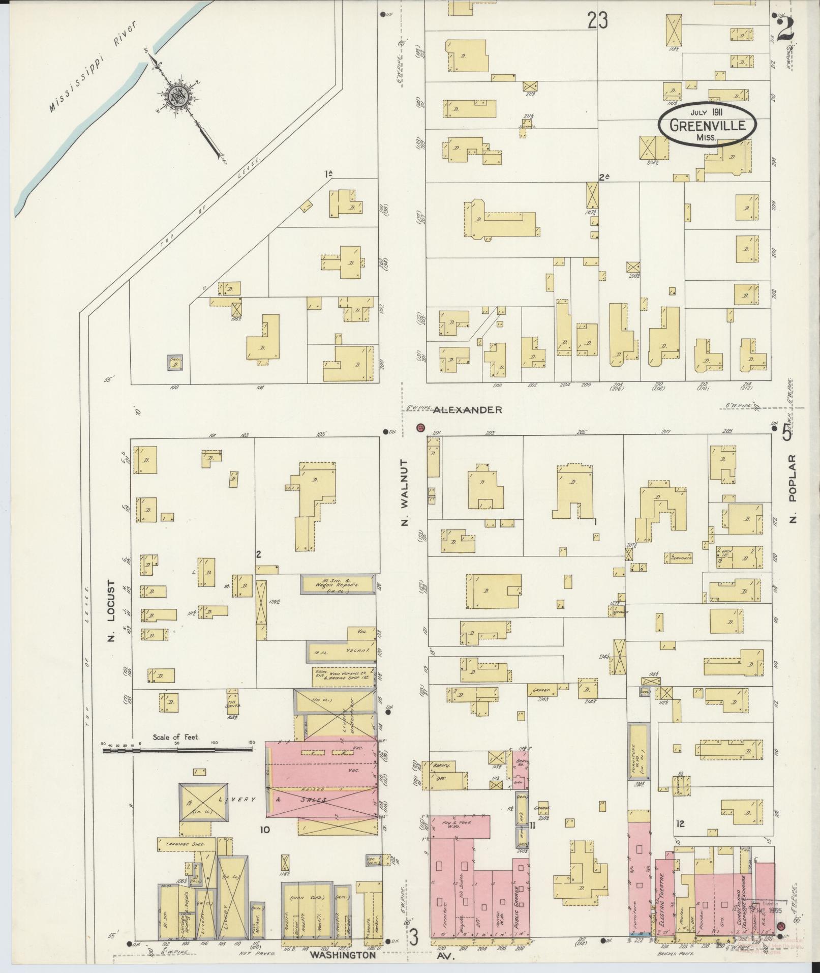 Sanborn Fire Insurance Map from Greenville, Washington County, Mississippi (1911), Sheet #0002 - Complete Map Set gallery image, historic Sanborn map, vintage wall art, Mississippi Mississippi
