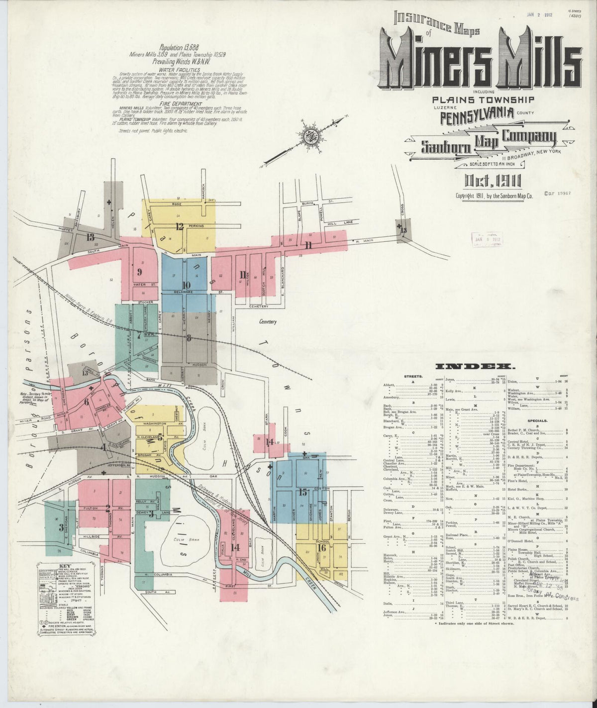 Sanborn Fire Insurance Map from Miners Mills, Luzerne County, Pennsylvania (1911), Sheet #0001 - Historic Sanborn Fire Insurance Map Print, vintage old map wall art, antique decor, genealogy gift, Pennsylvania Pennsylvania map