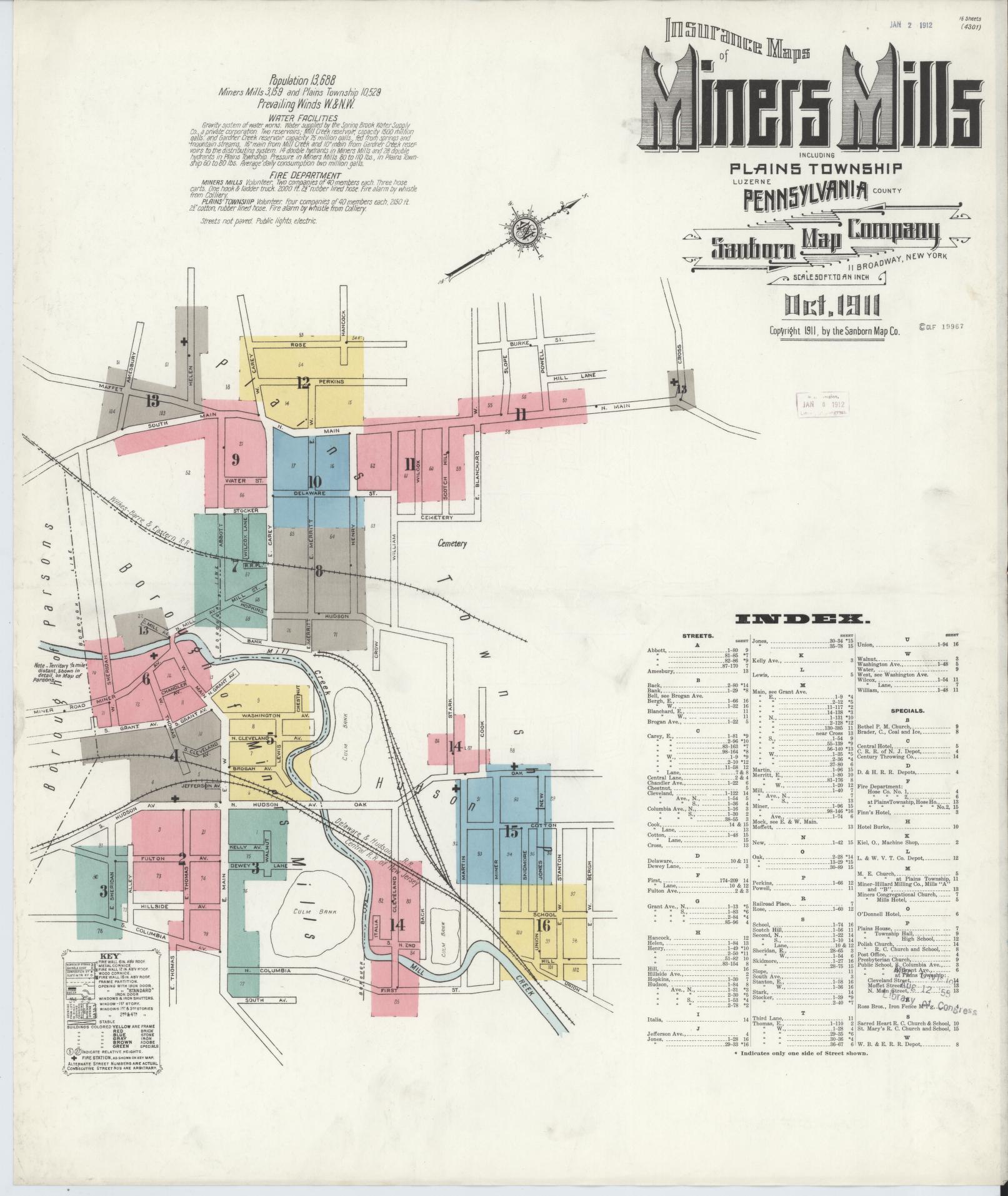 Sanborn Fire Insurance Map from Miners Mills, Luzerne County, Pennsylvania (1911), Sheet #0001 - Historic Sanborn Fire Insurance Map Print, vintage old map wall art, antique decor, genealogy gift, Pennsylvania Pennsylvania map