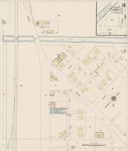Sanborn Fire Insurance Map from Modesto, Stanislaus County, California (1919), Sheet #0008 - Complete Map Set gallery image, historic Sanborn map, vintage wall art, California California