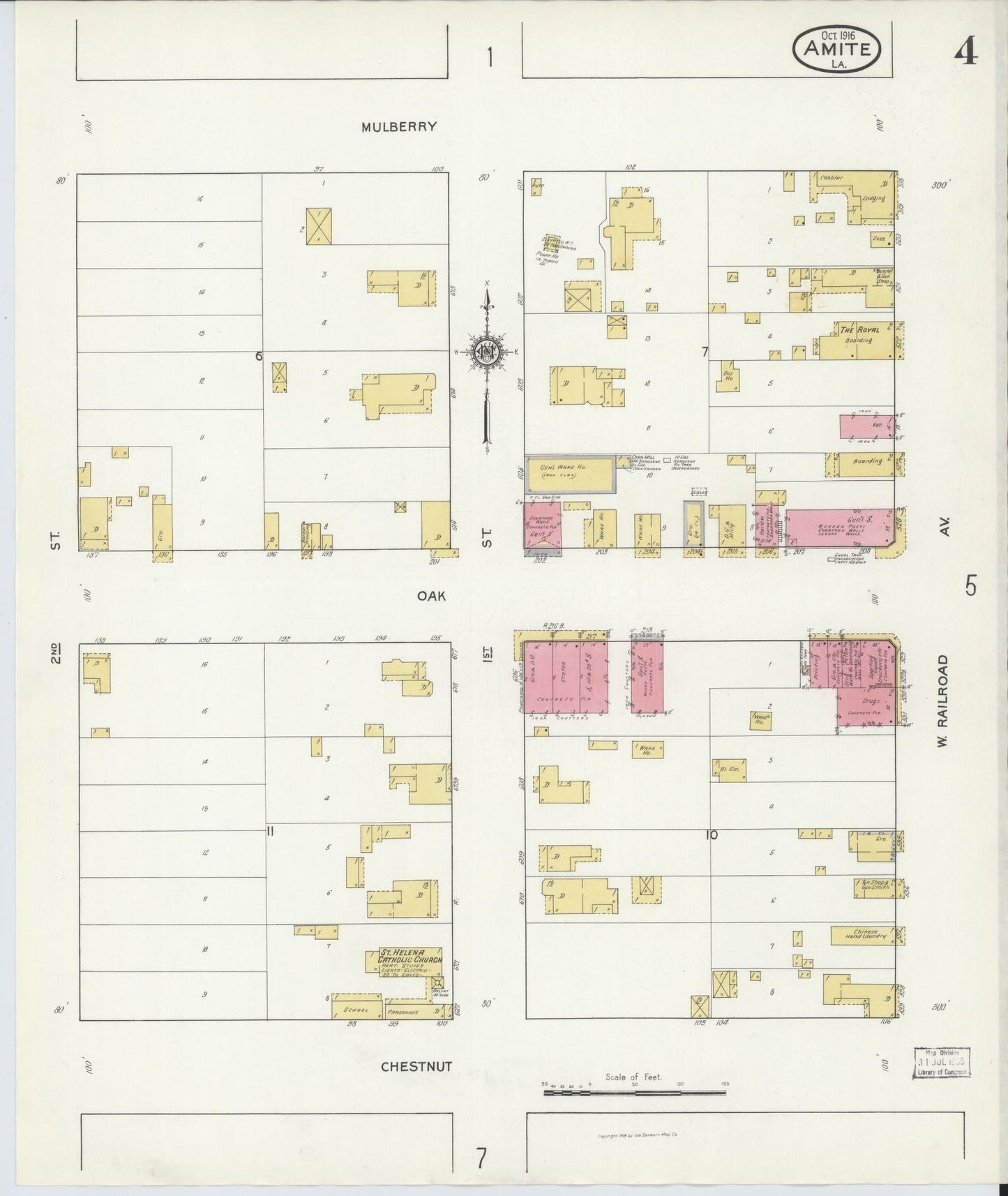 Sanborn Fire Insurance Map from Amite, Tangipahoa Parish, Louisiana (1916), Sheet #0004 - Historic Sanborn Fire Insurance Map Print, vintage old map wall art, antique decor, genealogy gift, Louisiana Louisiana map