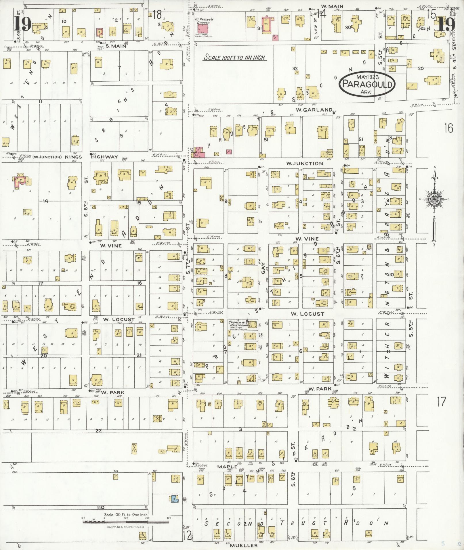 Sanborn Fire Insurance Map from Paragould, Greene County, Arkansas (1923), Sheet #0019 - Historic Sanborn Fire Insurance Map Print, vintage old map wall art, antique decor, genealogy gift, Arkansas Arkansas map