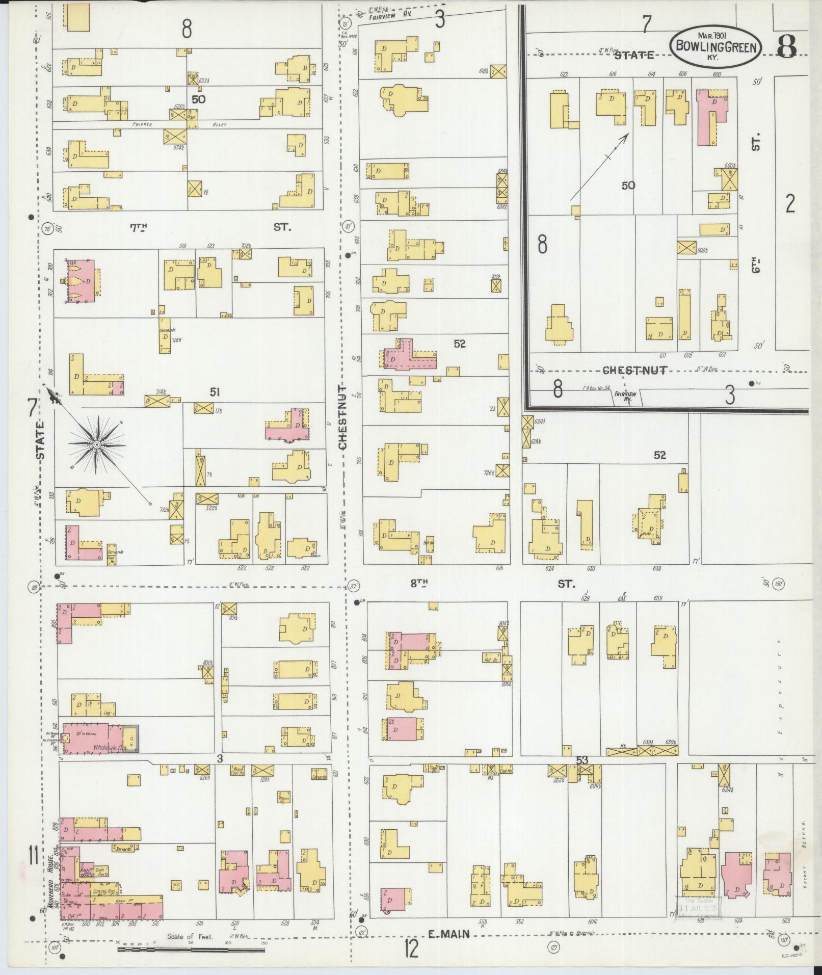 Sanborn Fire Insurance Map from Bowling Green, Warren County, Kentucky (1901), Sheet #0008 - Historic Sanborn Fire Insurance Map Print, vintage old map wall art, antique decor, genealogy gift, Kentucky Kentucky map