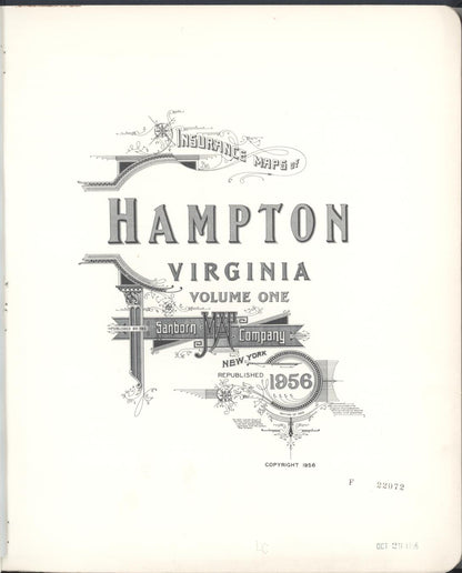 Sanborn Fire Insurance Map from Hampton, Independent Cities, Virginia (1956), Sheet #0001 - Historic Sanborn Fire Insurance Map Print, vintage old map wall art, antique decor, genealogy gift, Virginia Virginia map