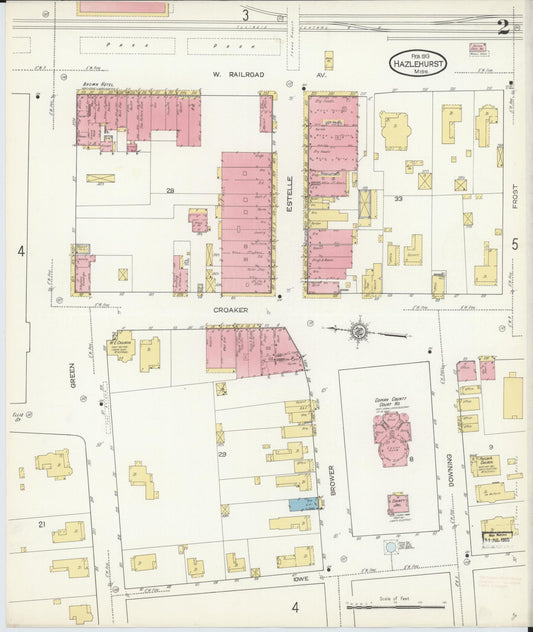 Sanborn Fire Insurance Map from Hazlehurst, Copiah County, Mississippi (1913), Sheet #0002 - Historic Sanborn Fire Insurance Map Print, vintage old map wall art, antique decor, genealogy gift, Mississippi Mississippi map