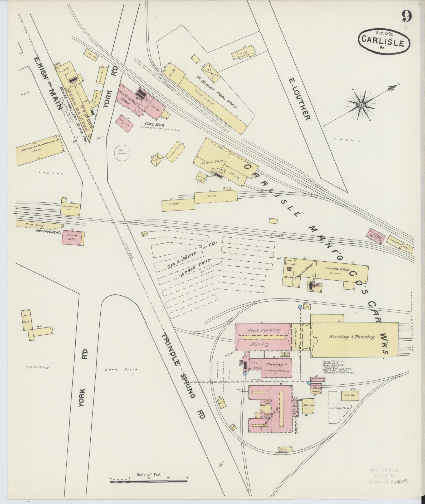 Sanborn Fire Insurance Map from Carlisle, Cumberland County, Pennsylvania (1890), Sheet #0009 - Historic Sanborn Fire Insurance Map Print, vintage old map wall art, antique decor, genealogy gift, Pennsylvania Pennsylvania map