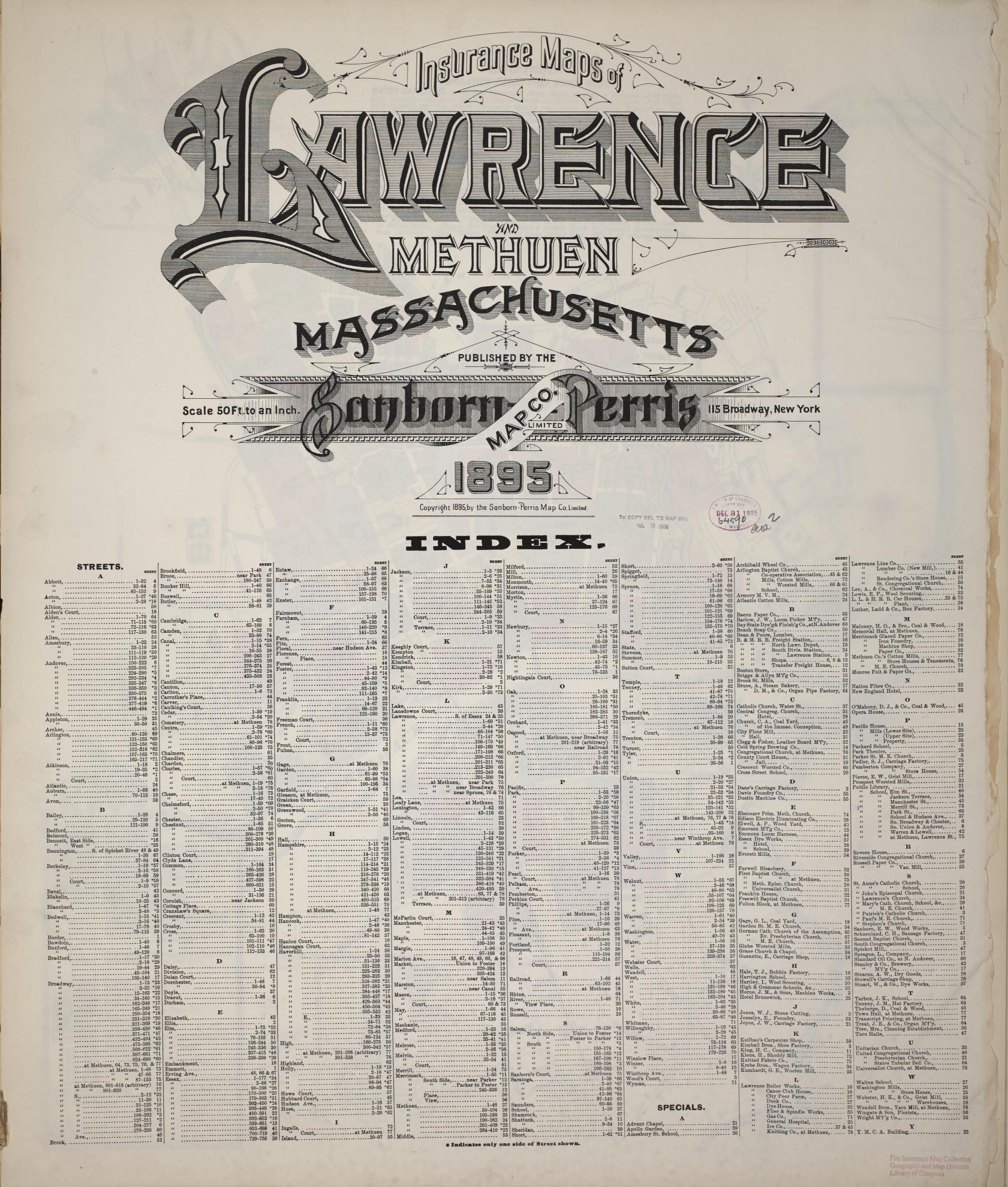 Sanborn Fire Insurance Map from Lawrence, Essex County, Massachusetts (1895), Sheet #0001 - Historic Sanborn Fire Insurance Map Print, vintage old map wall art, antique decor, genealogy gift, Massachusetts Massachusetts map