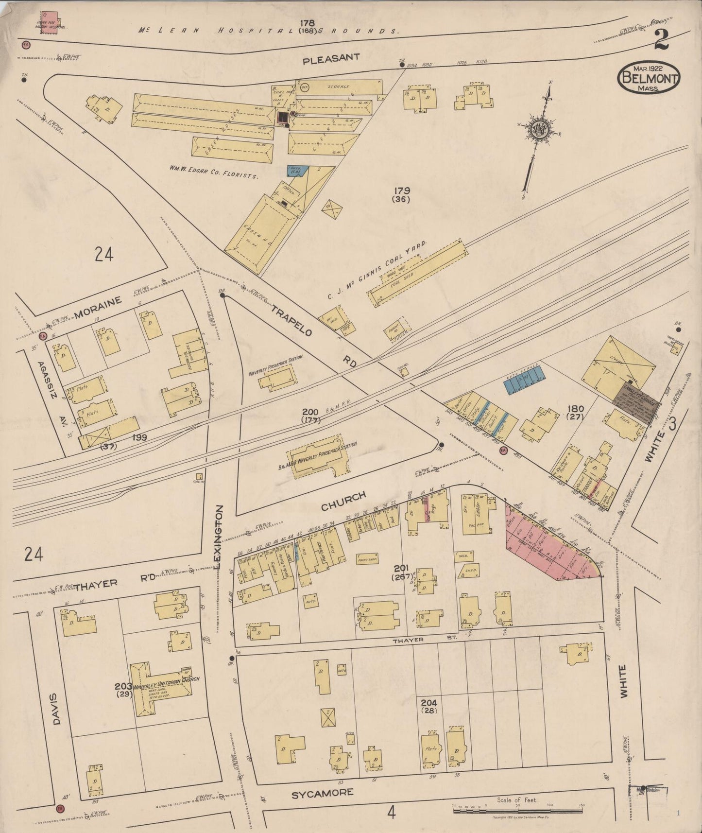 Sanborn Fire Insurance Map from Belmont, Middlesex County, Massachusetts (1922), Sheet #0002 - Historic Sanborn Fire Insurance Map Print, vintage old map wall art, antique decor, genealogy gift, Massachusetts Massachusetts map