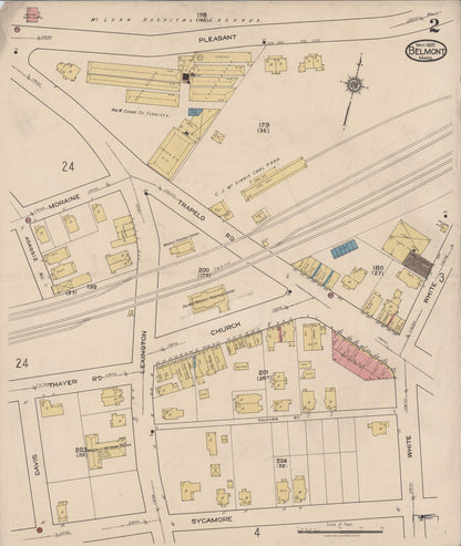 Sanborn Fire Insurance Map from Belmont, Middlesex County, Massachusetts (1922), Sheet #0002 - Historic Sanborn Fire Insurance Map Print, vintage old map wall art, antique decor, genealogy gift, Massachusetts Massachusetts map