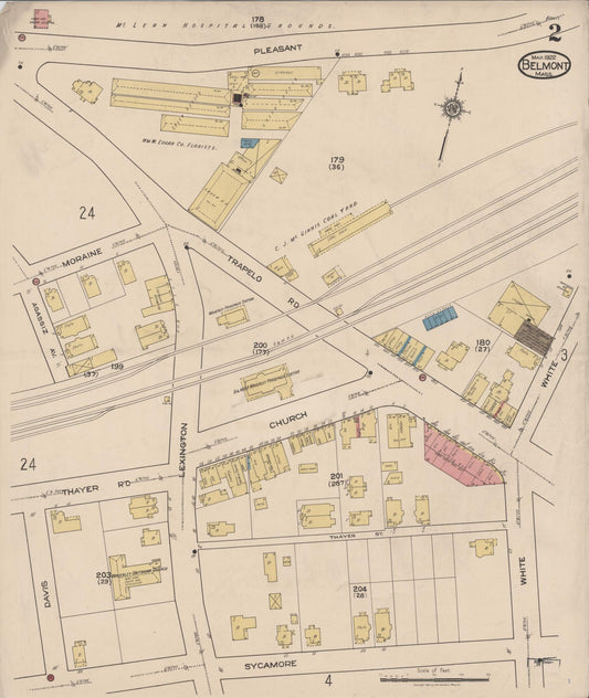 Sanborn Fire Insurance Map from Belmont, Middlesex County, Massachusetts (1922), Sheet #0002 - Historic Sanborn Fire Insurance Map Print, vintage old map wall art, antique decor, genealogy gift, Massachusetts Massachusetts map