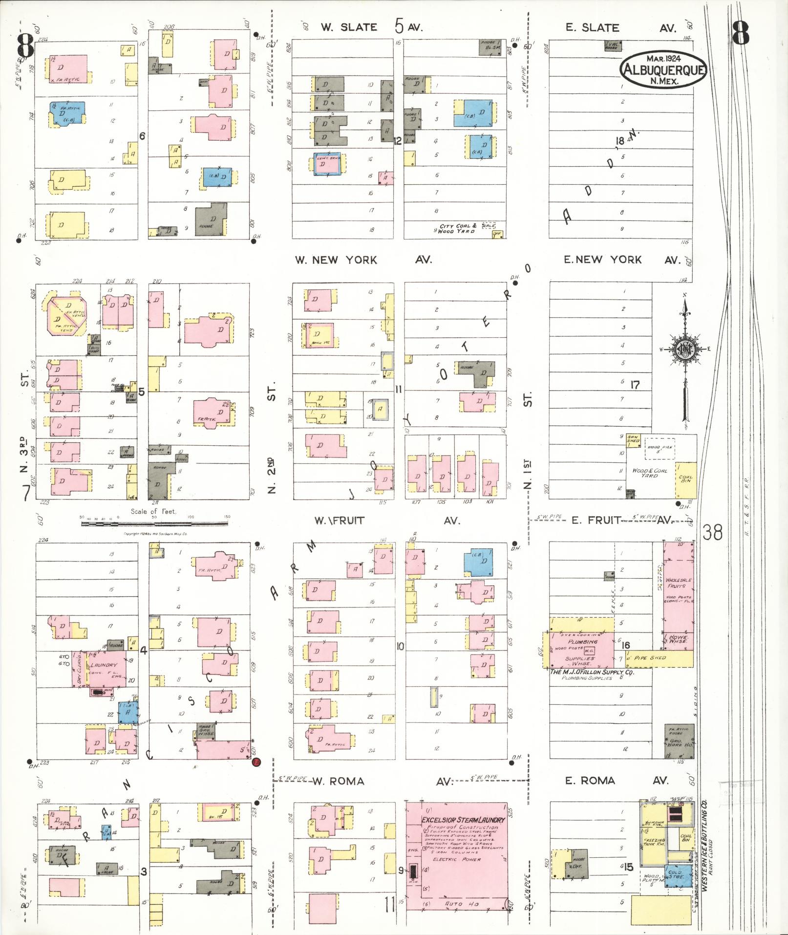 Sanborn Fire Insurance Map from Albuquerque, Bernalillo County, New Mexico (1924), Sheet #0008 - Historic Sanborn Fire Insurance Map Print, vintage old map wall art, antique decor, genealogy gift, New Mexico New Mexico map