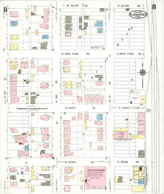 Sanborn Fire Insurance Map from Albuquerque, Bernalillo County, New Mexico (1924), Sheet #0008 - Historic Sanborn Fire Insurance Map Print, vintage old map wall art, antique decor, genealogy gift, New Mexico New Mexico map