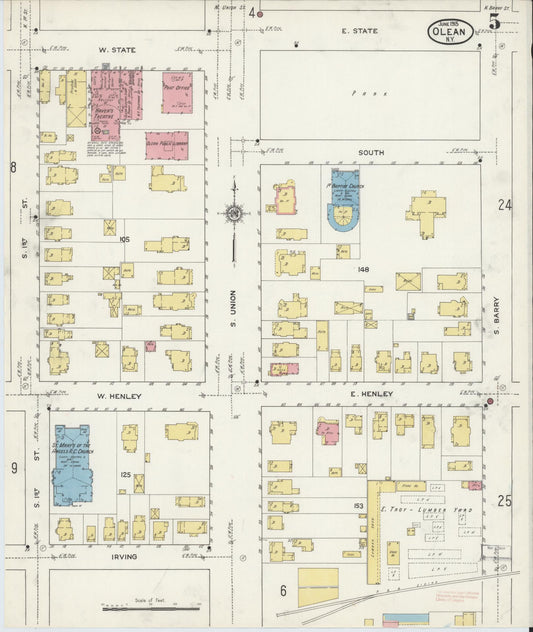 Sanborn Fire Insurance Map from Olean, Cattaraugus County, New York (1915), Sheet #0005 - Historic Sanborn Fire Insurance Map Print, vintage old map wall art, antique decor, genealogy gift, New York New York map