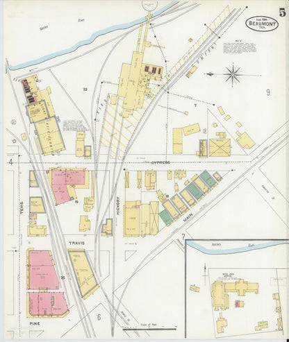 Sanborn Fire Insurance Map from Beaumont, Jefferson County, Texas (1904), Sheet #0005 - Historic Sanborn Fire Insurance Map Print, vintage old map wall art, antique decor, genealogy gift, Texas Texas map