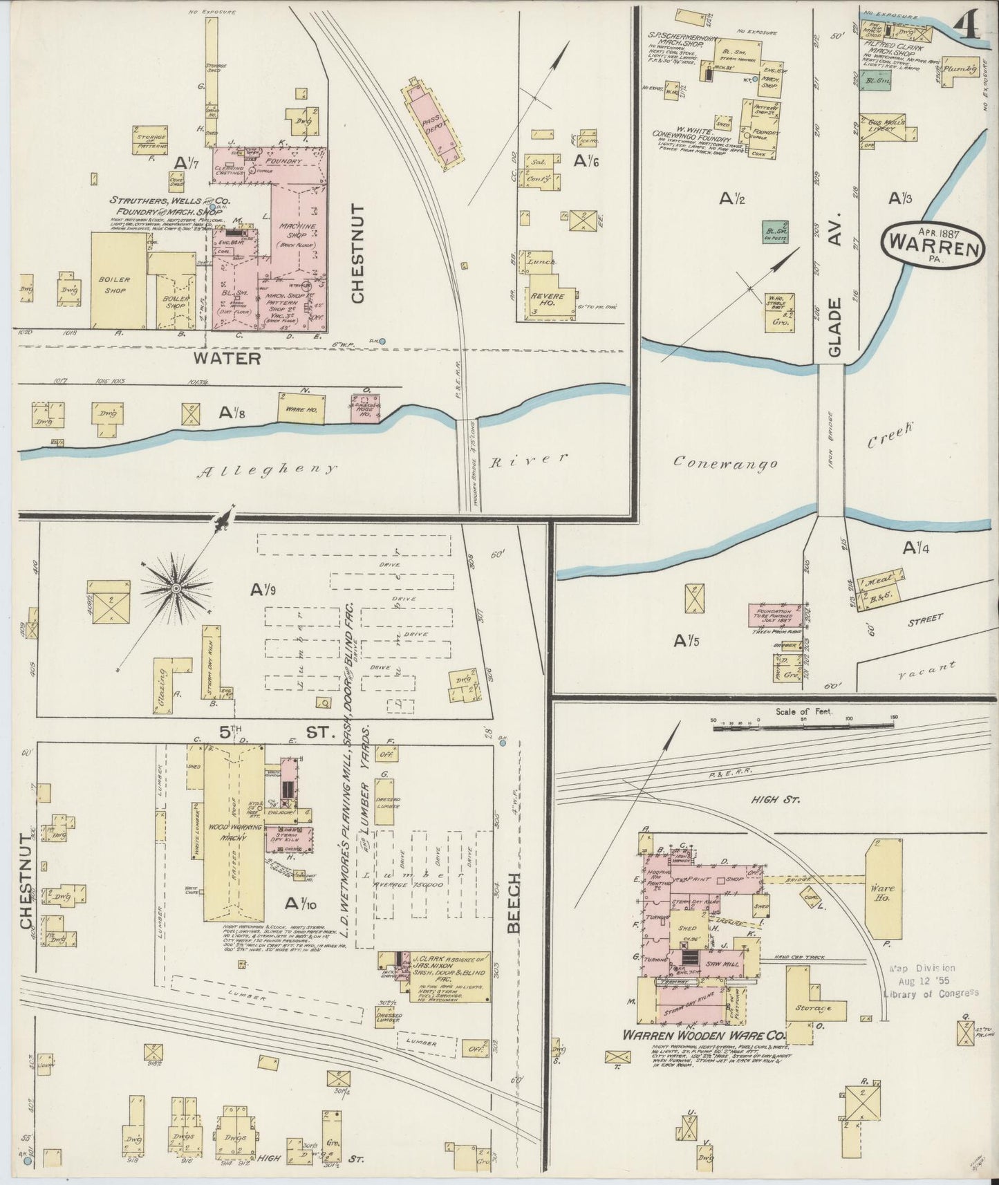 Sanborn Fire Insurance Map from Warren, Warren County, Pennsylvania (1887), Sheet #0004 - Complete Map Set gallery image, historic Sanborn map, vintage wall art, Pennsylvania Pennsylvania