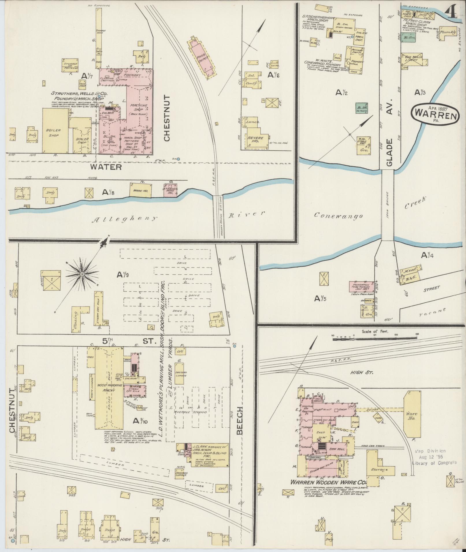 Sanborn Fire Insurance Map from Warren, Warren County, Pennsylvania (1887), Sheet #0004 - Complete Map Set gallery image, historic Sanborn map, vintage wall art, Pennsylvania Pennsylvania