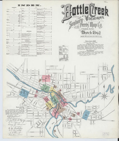 Sanborn Fire Insurance Map from Battle Creek, Calhoun County, Michigan (1892), Sheet #0001 - Complete Map Set gallery image, historic Sanborn map, vintage wall art, Michigan Michigan