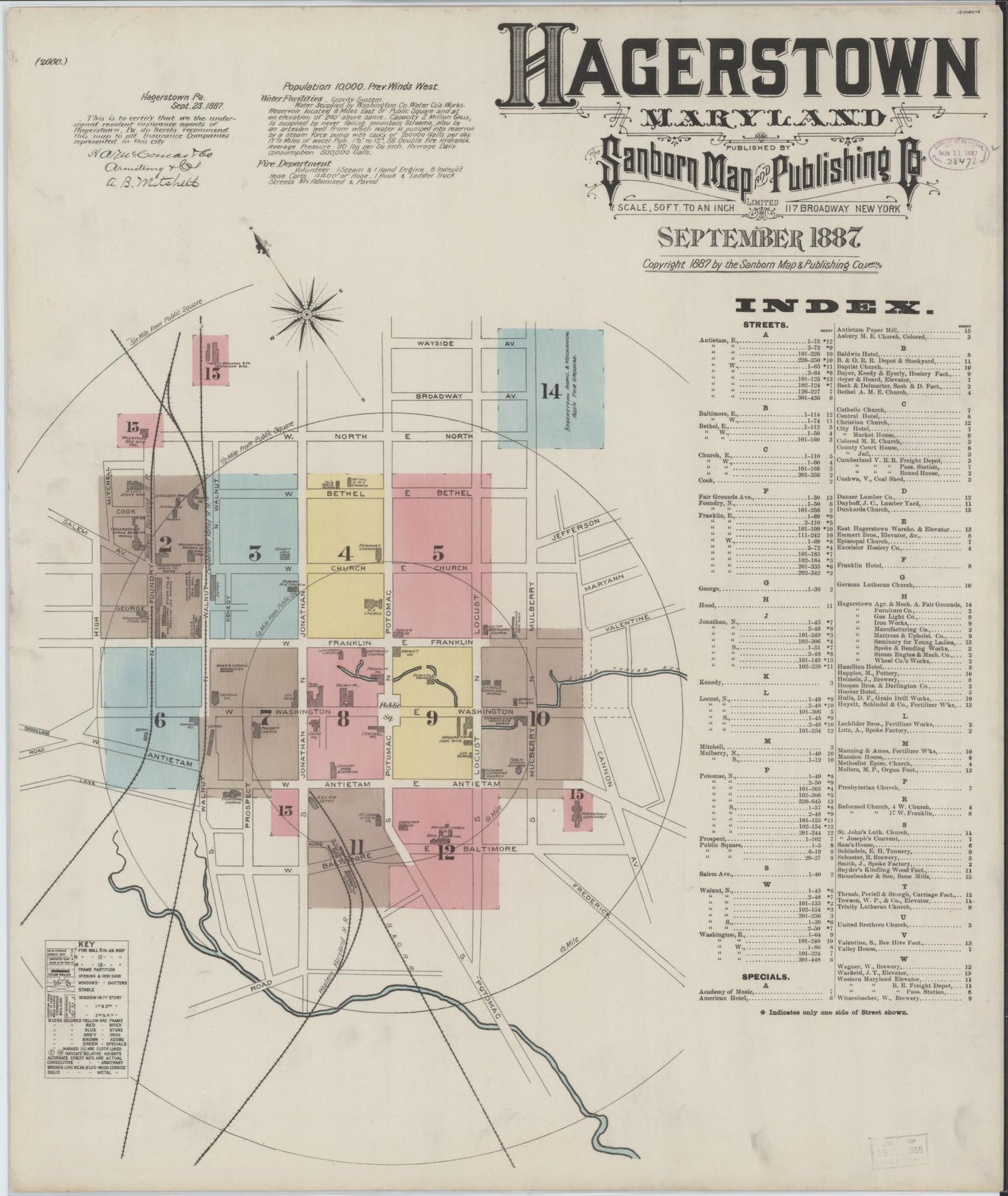Sanborn Fire Insurance Map from Hagerstown, Washington County, Maryland (1887), Sheet #0001 - Historic Sanborn Fire Insurance Map Print, vintage old map wall art, antique decor, genealogy gift, Maryland Maryland map
