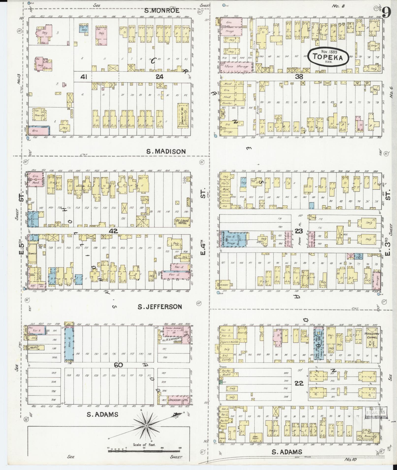 Sanborn Fire Insurance Map from Topeka, Shawnee County, Kansas (1889), Sheet #0010 - Complete Map Set gallery image, historic Sanborn map, vintage wall art, Kansas Kansas