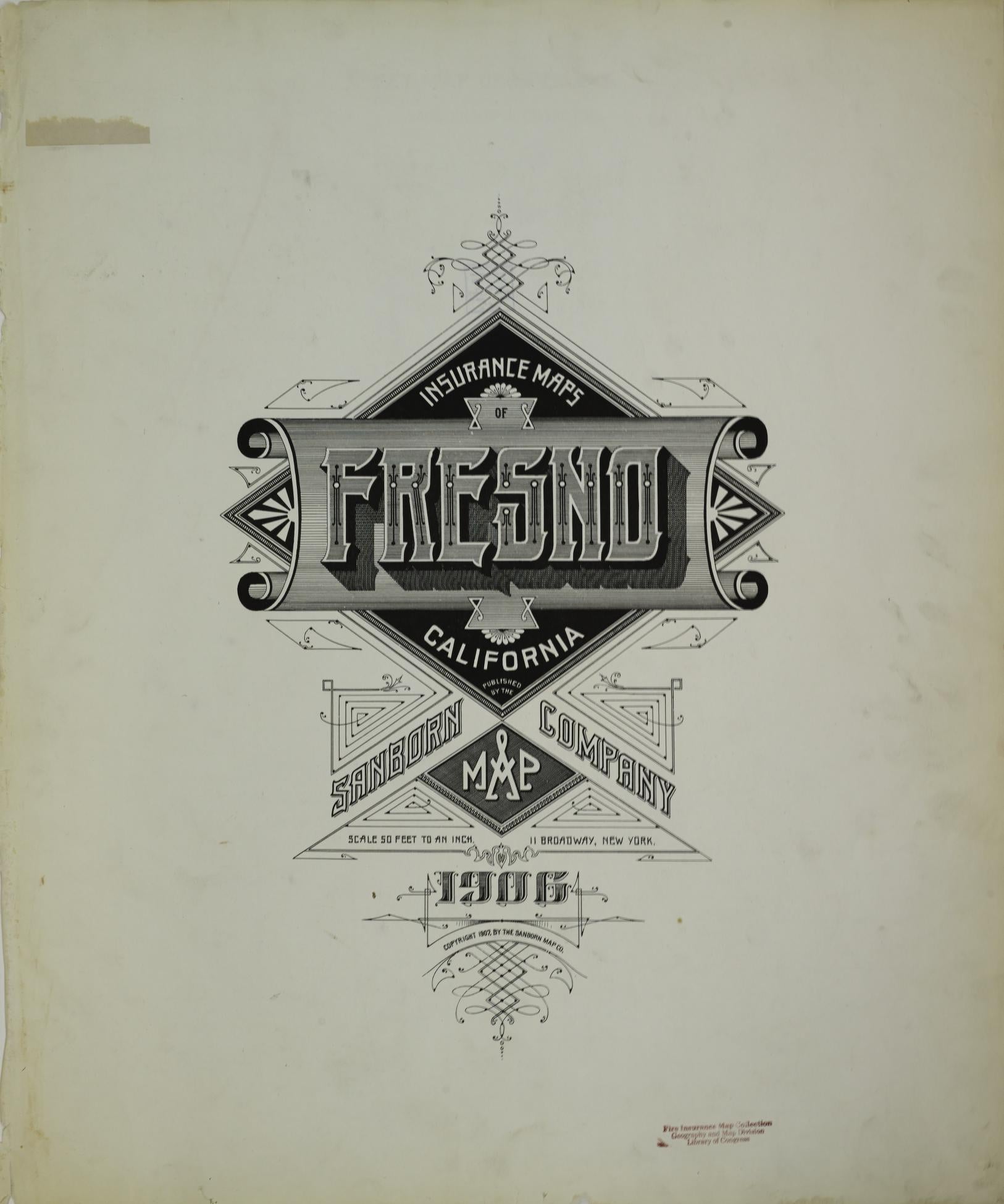 Sanborn Fire Insurance Map from Fresno, Fresno County, California (1906), Sheet #0001 - Historic Sanborn Fire Insurance Map Print, vintage old map wall art, antique decor, genealogy gift, California California map