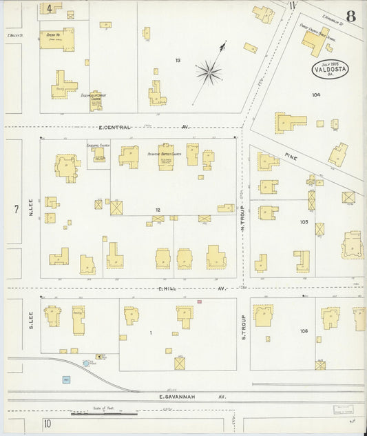 Sanborn Fire Insurance Map from Valdosta, Lowndes County, Georgia (1905), Sheet #0008 - Historic Sanborn Fire Insurance Map Print, vintage old map wall art, antique decor, genealogy gift, Georgia Georgia map