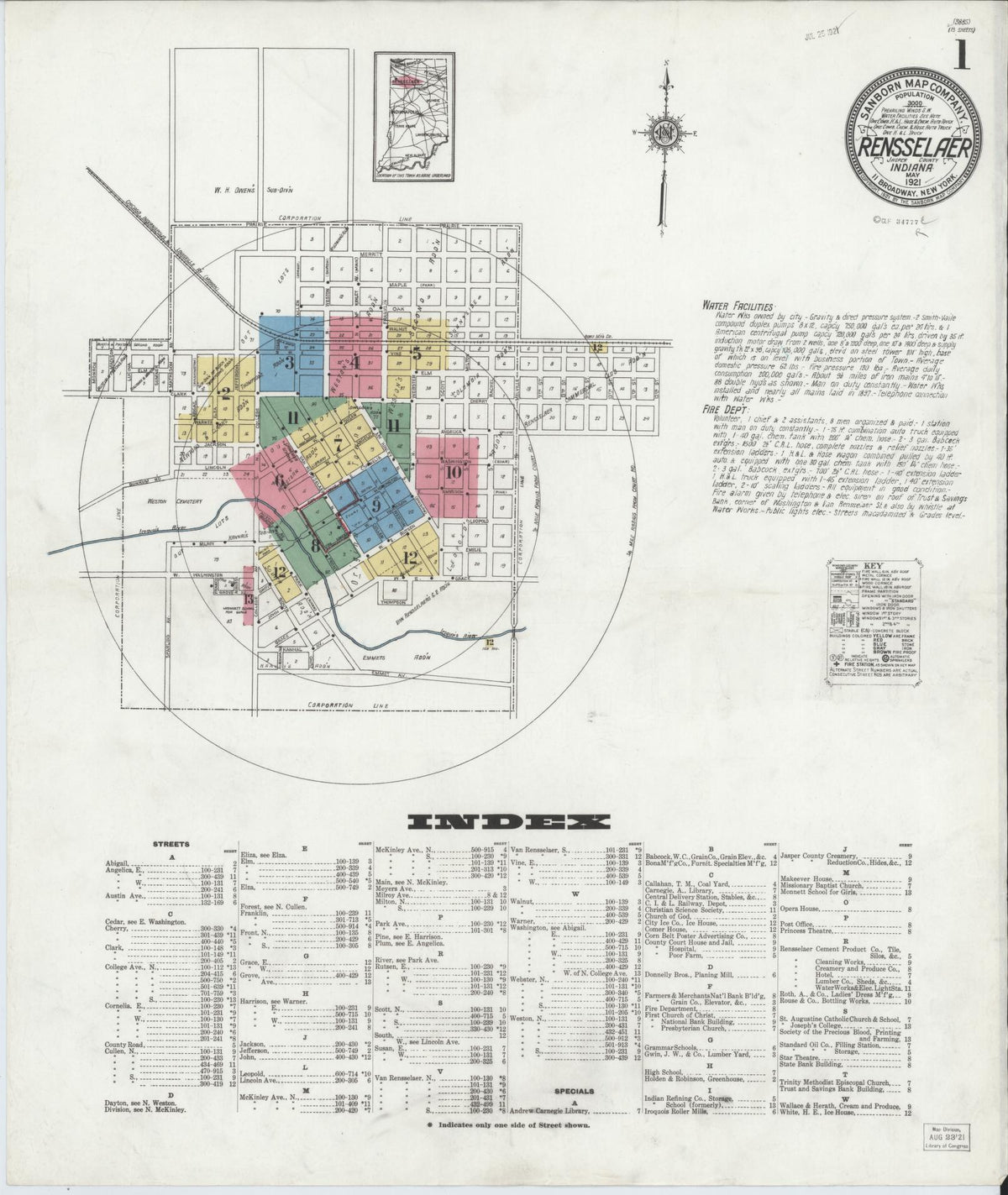 Sanborn Fire Insurance Map from Rensselaer, Jasper County, Indiana (1921), Sheet #0001 - Historic Sanborn Fire Insurance Map Print, vintage old map wall art, antique decor, genealogy gift, Indiana Indiana map