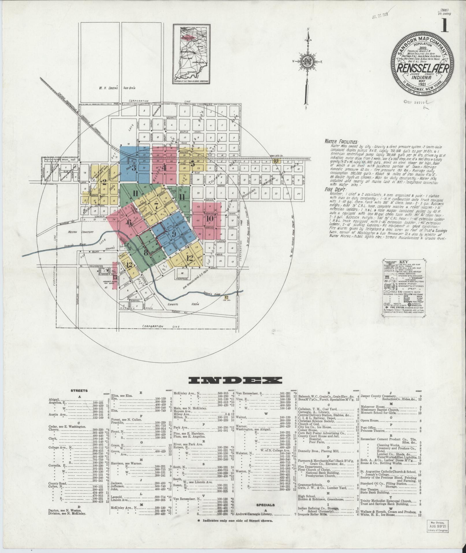 Sanborn Fire Insurance Map from Rensselaer, Jasper County, Indiana (1921), Sheet #0001 - Historic Sanborn Fire Insurance Map Print, vintage old map wall art, antique decor, genealogy gift, Indiana Indiana map