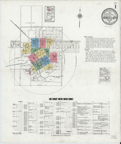Sanborn Fire Insurance Map from Rensselaer, Jasper County, Indiana (1921), Sheet #0001 - Historic Sanborn Fire Insurance Map Print, vintage old map wall art, antique decor, genealogy gift, Indiana Indiana map