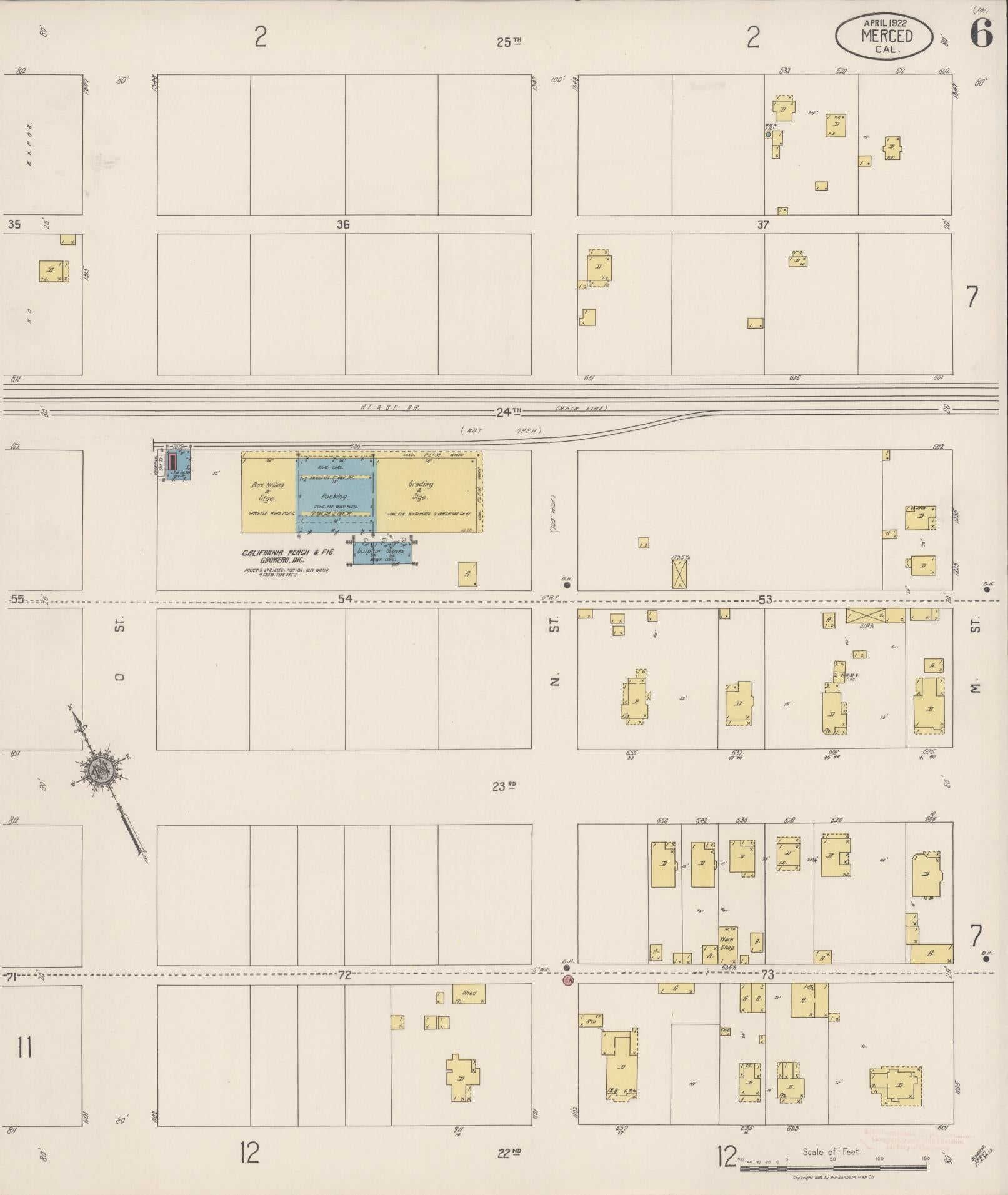Sanborn Fire Insurance Map from Merced, Merced County, California (1922), Sheet #0006 - Historic Sanborn Fire Insurance Map Print, vintage old map wall art, antique decor, genealogy gift, California California map