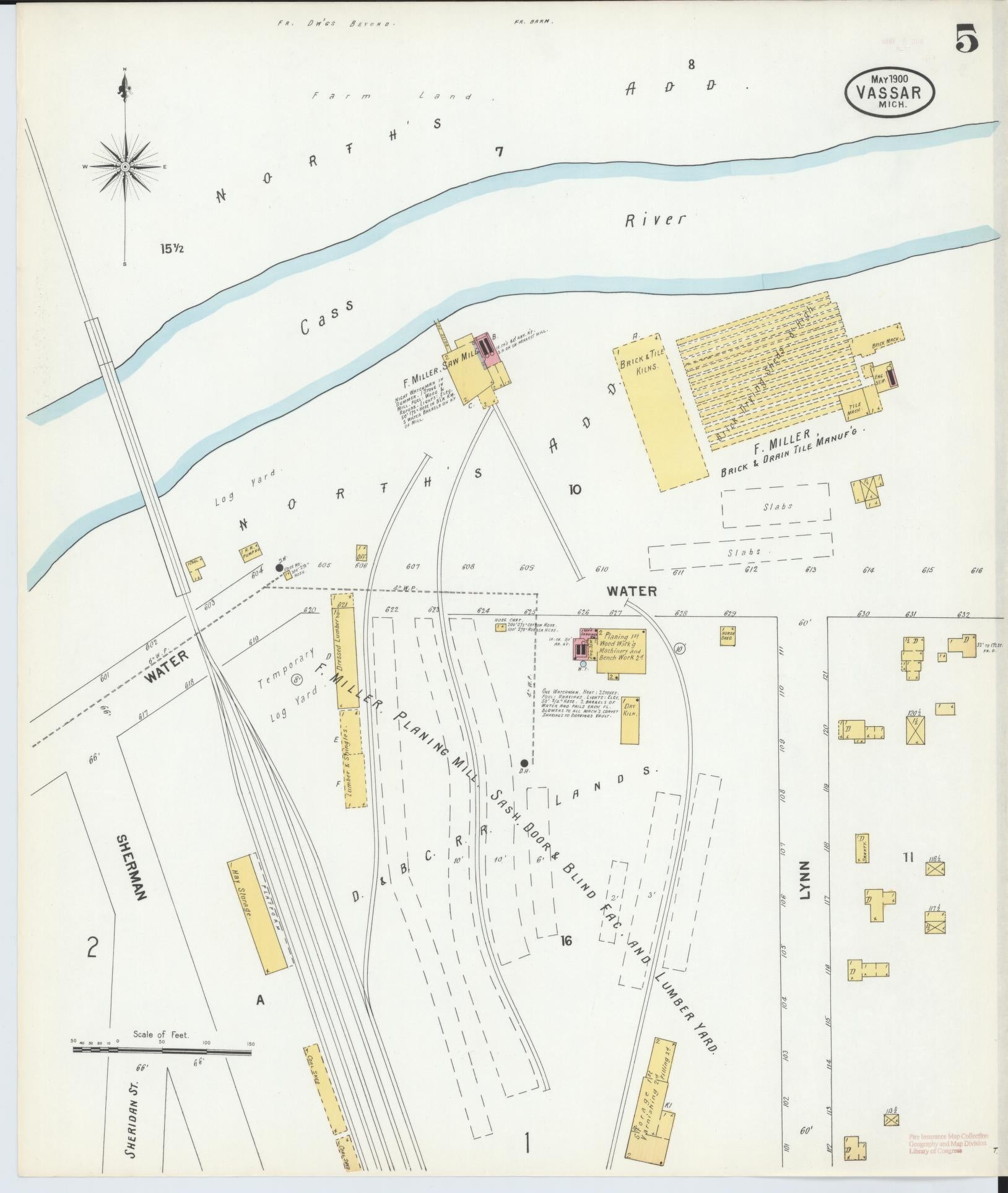 Sanborn Fire Insurance Map from Vassar, Tuscola County, Michigan (1900), Sheet #0005 - Historic Sanborn Fire Insurance Map Print, vintage old map wall art, antique decor, genealogy gift, Michigan Michigan map