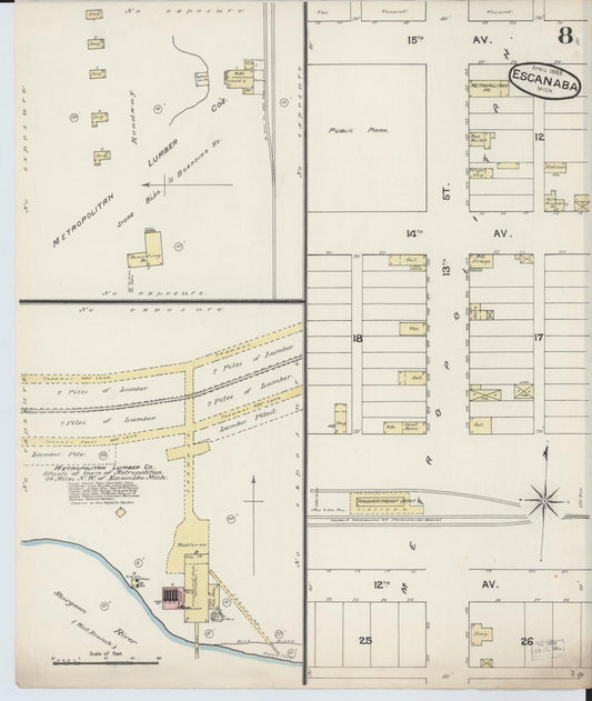 Sanborn Fire Insurance Map from Escanaba, Delta County, Michigan (1888), Sheet #0008 - Historic Sanborn Fire Insurance Map Print, vintage old map wall art, antique decor, genealogy gift, Michigan Michigan map