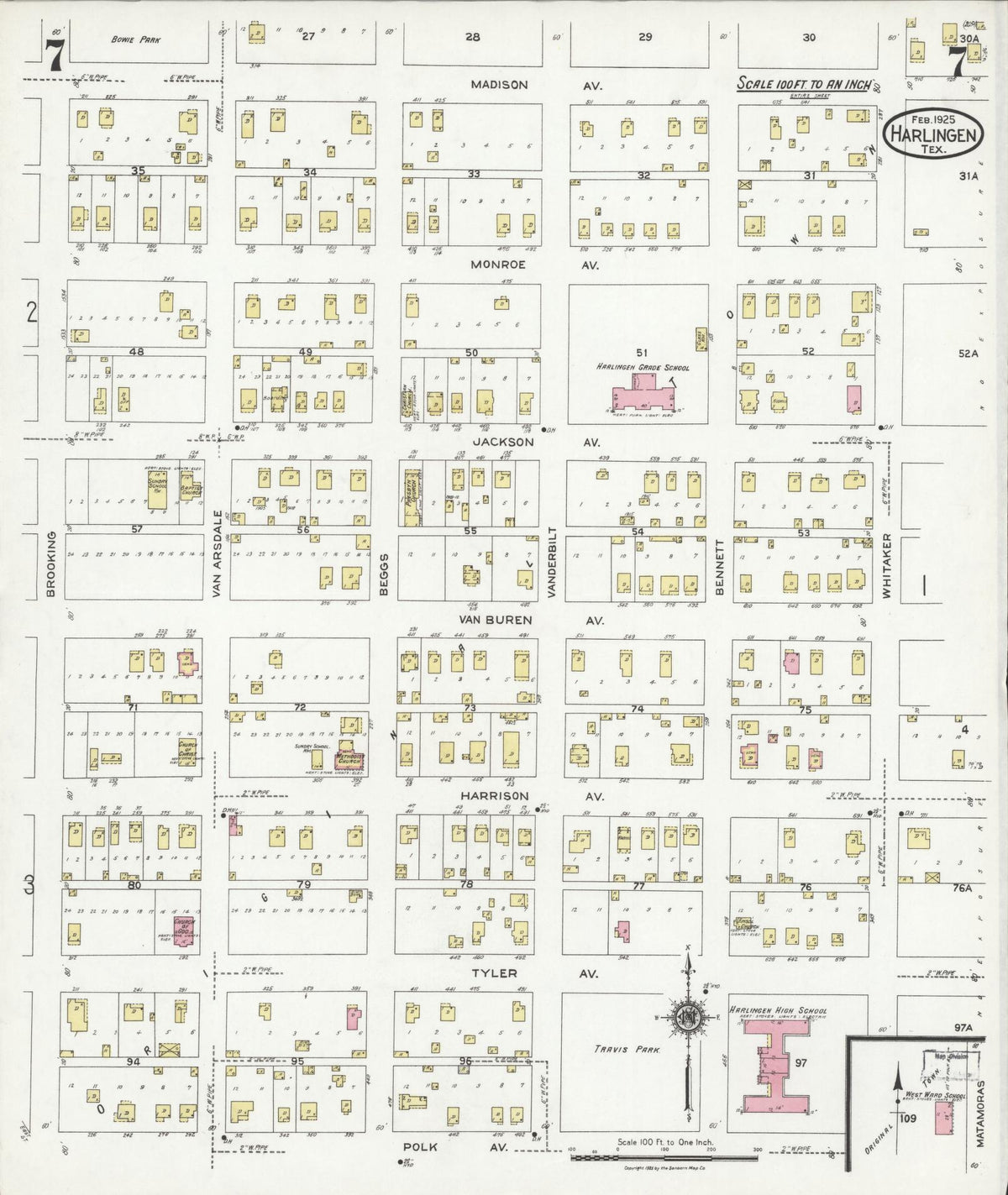 Sanborn Fire Insurance Map from Harlingen, Cameron County, Texas (1925), Sheet #0007 - Complete Map Set gallery image, historic Sanborn map, vintage wall art, Texas Texas
