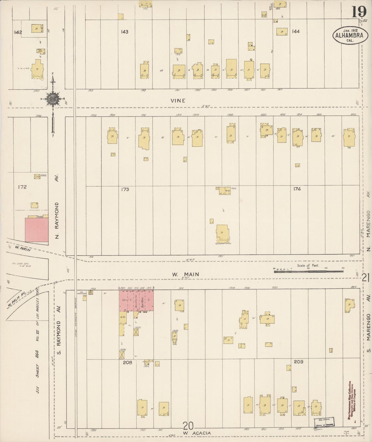 Sanborn Fire Insurance Map from Alhambra, Los Angeles County, California (1912), Sheet #0019 - Historic Sanborn Fire Insurance Map Print, vintage old map wall art, antique decor, genealogy gift, California California map