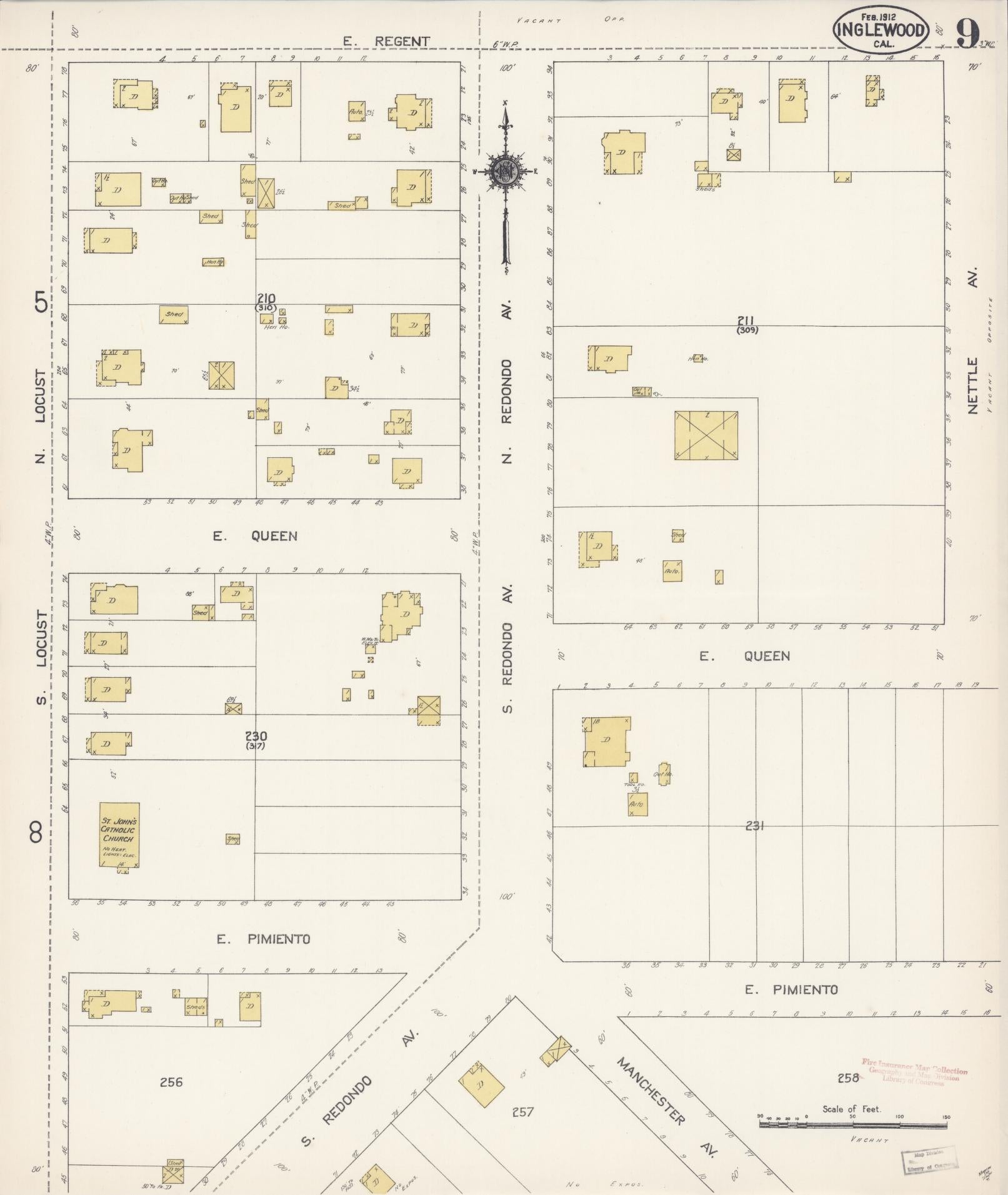 Sanborn Fire Insurance Map from Inglewood, Los Angeles County, California (1912), Sheet #0009 - Historic Sanborn Fire Insurance Map Print, vintage old map wall art, antique decor, genealogy gift, California California map