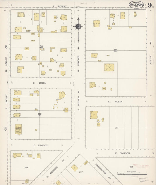 Sanborn Fire Insurance Map from Inglewood, Los Angeles County, California (1912), Sheet #0009 - Historic Sanborn Fire Insurance Map Print, vintage old map wall art, antique decor, genealogy gift, California California map