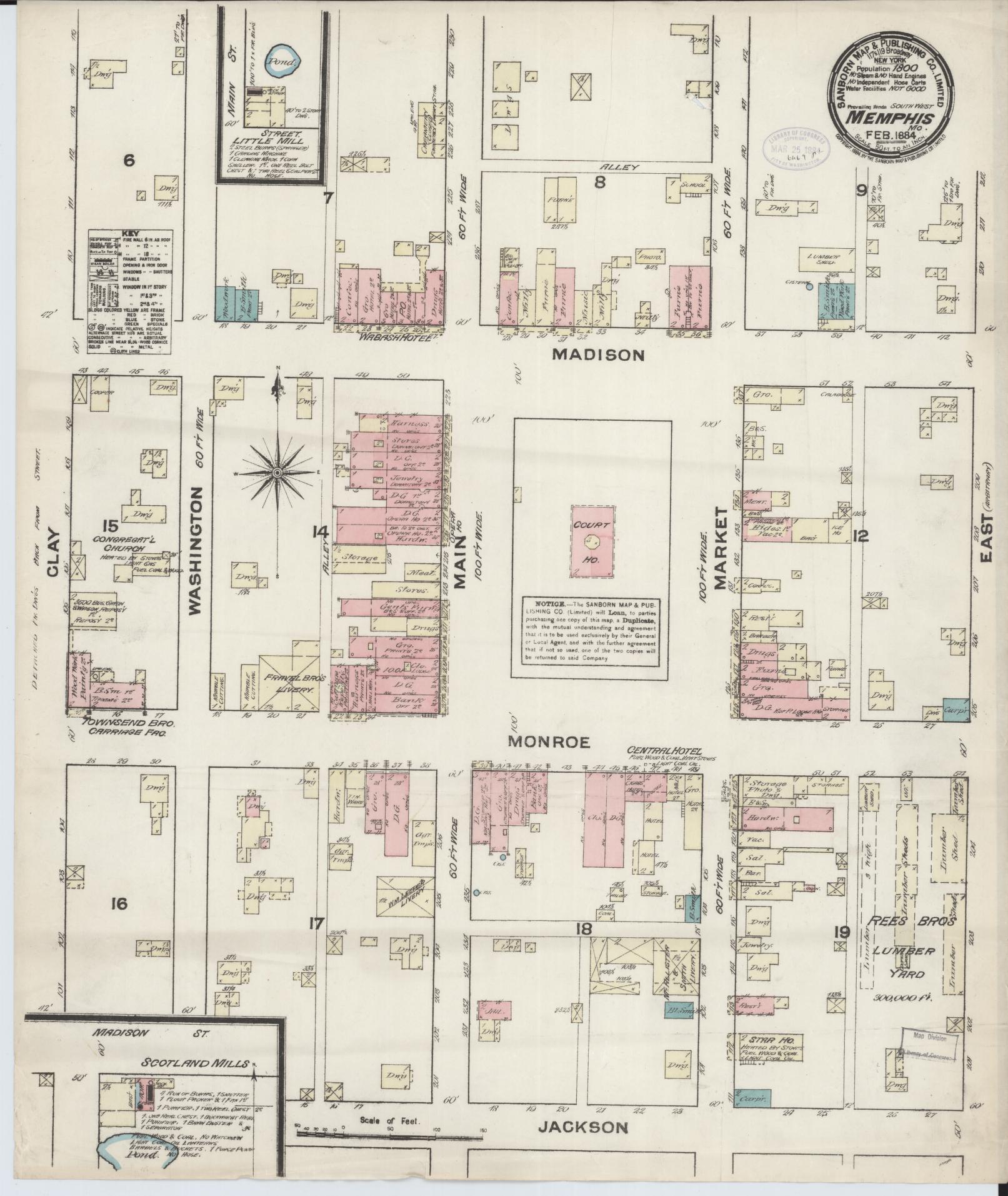 Sanborn Fire Insurance Map from Memphis, Scotland County, Missouri (1884), Sheet #0001 - Historic Sanborn Fire Insurance Map Print, vintage old map wall art, antique decor, genealogy gift, Missouri Missouri map