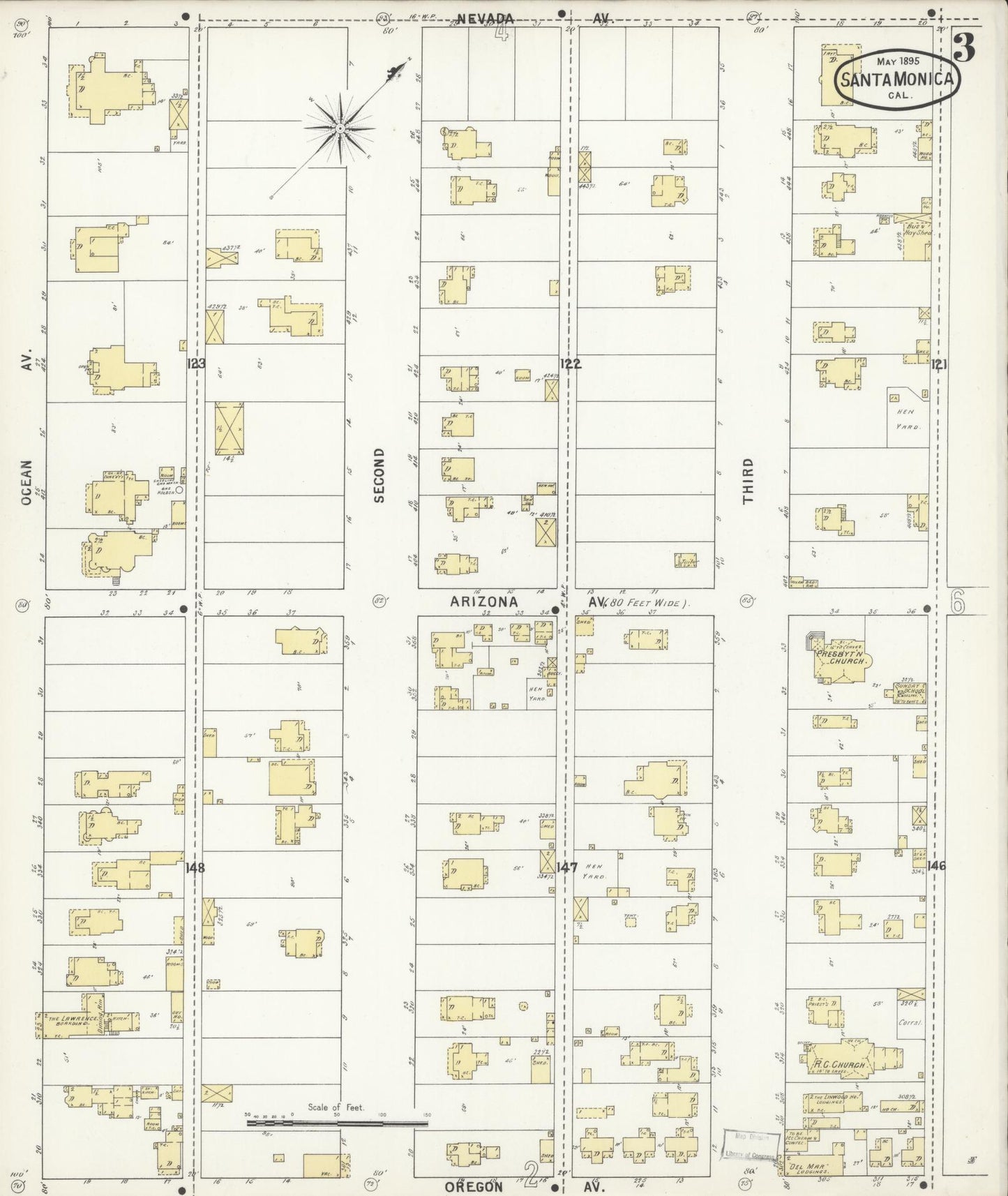 Sanborn Fire Insurance Map from Santa Monica, Los Angeles County, California (1895), Sheet #0003 - Complete Map Set gallery image, historic Sanborn map, vintage wall art, California California