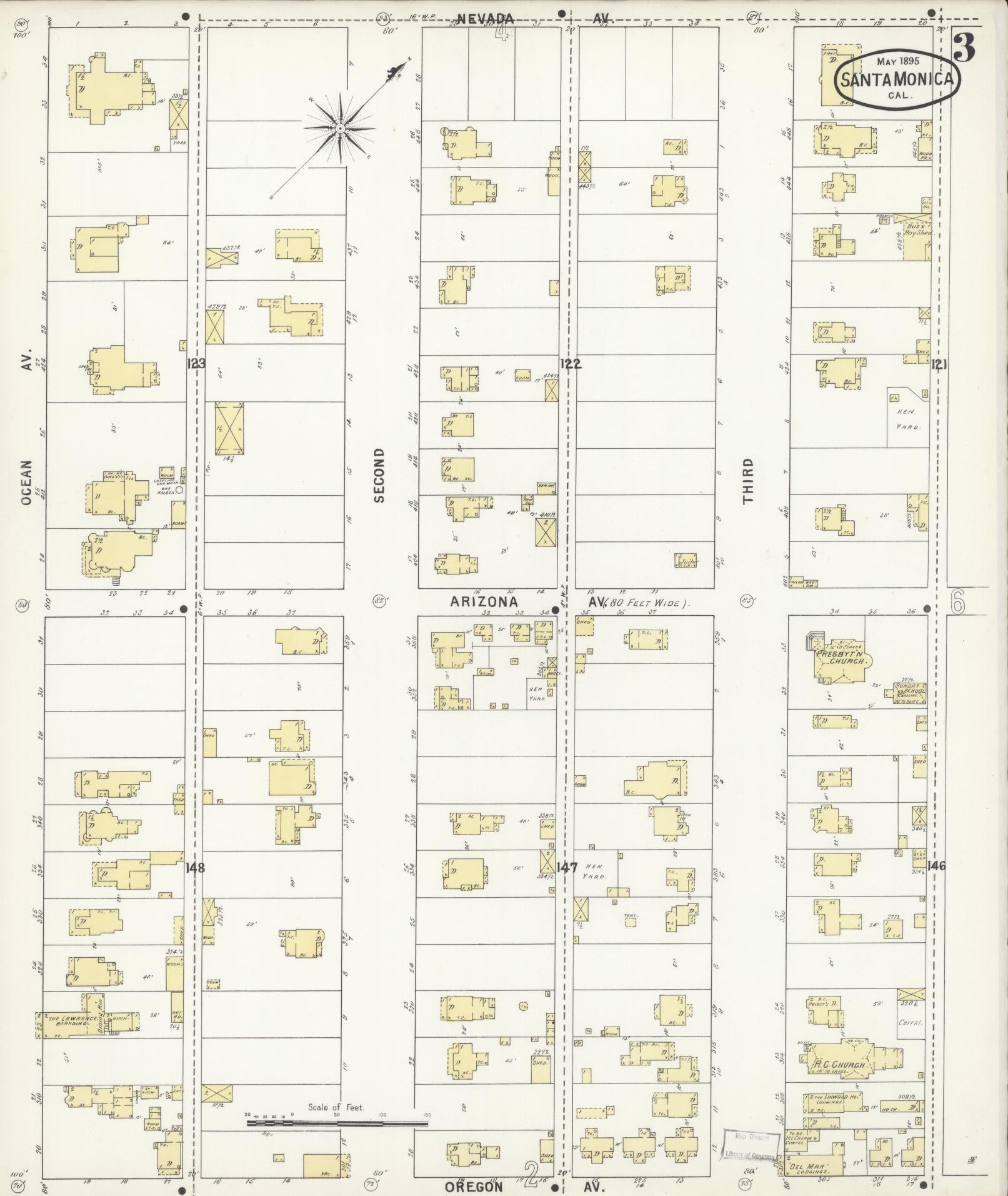 Sanborn Fire Insurance Map from Santa Monica, Los Angeles County, California (1895), Sheet #0003 - Complete Map Set gallery image, historic Sanborn map, vintage wall art, California California