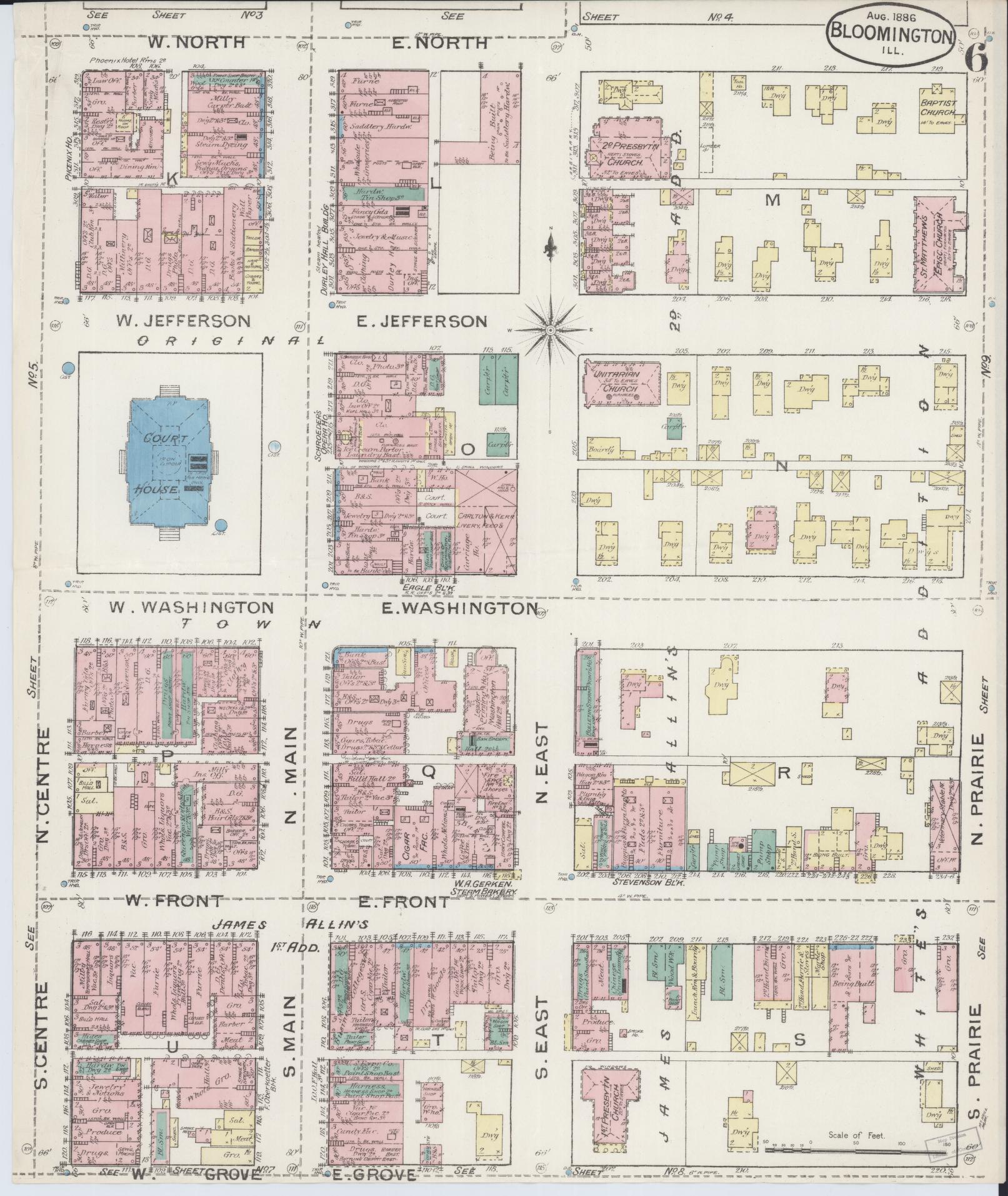 Sanborn Fire Insurance Map from Bloomington, McLean County, Illinois (1886), Sheet #0006 - Historic Sanborn Fire Insurance Map Print, vintage old map wall art, antique decor, genealogy gift, Illinois Illinois map