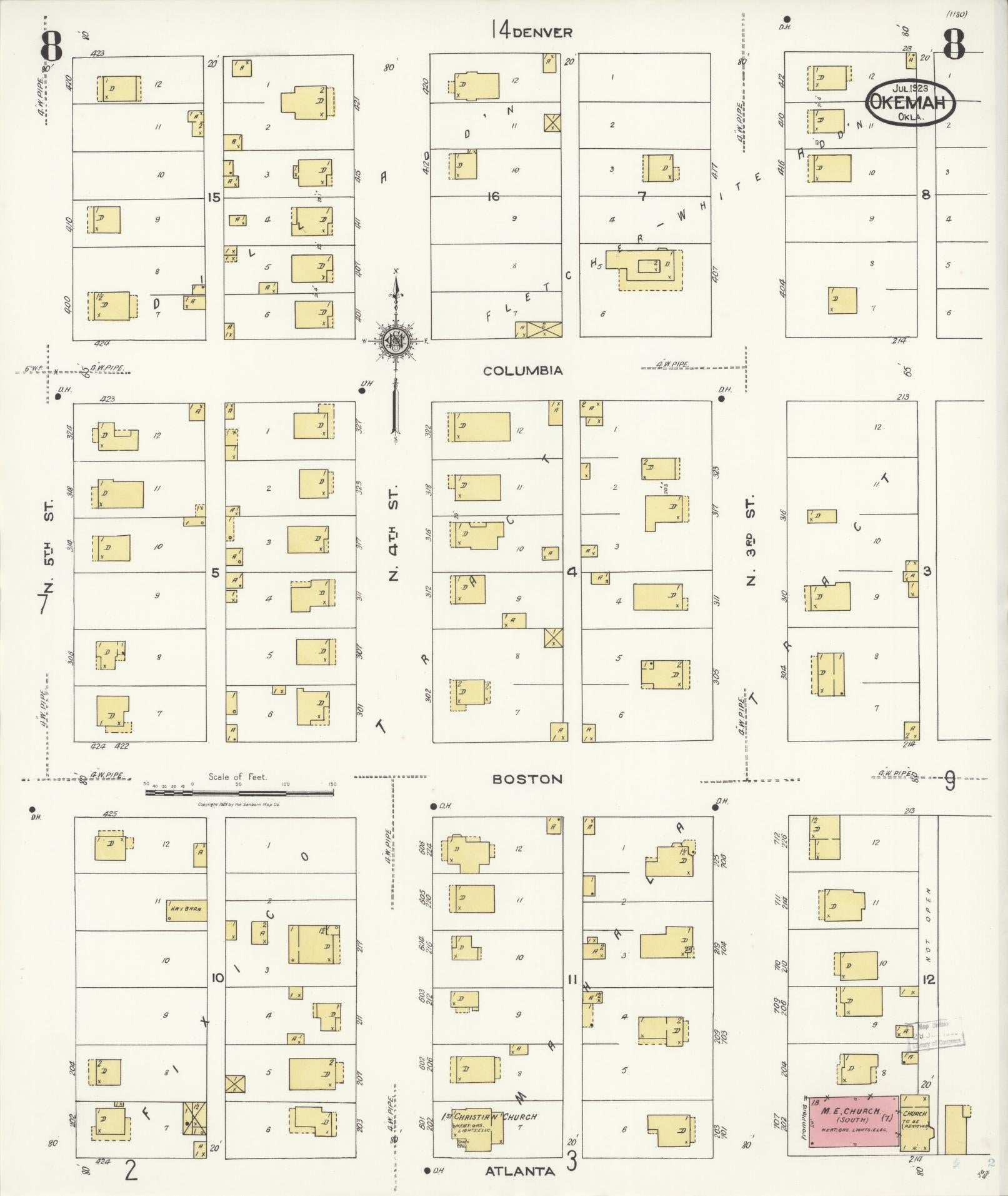 Sanborn Fire Insurance Map from Okemah, Okfuskee County, Oklahoma (1923), Sheet #0008 - Complete Map Set gallery image, historic Sanborn map, vintage wall art, Oklahoma Oklahoma