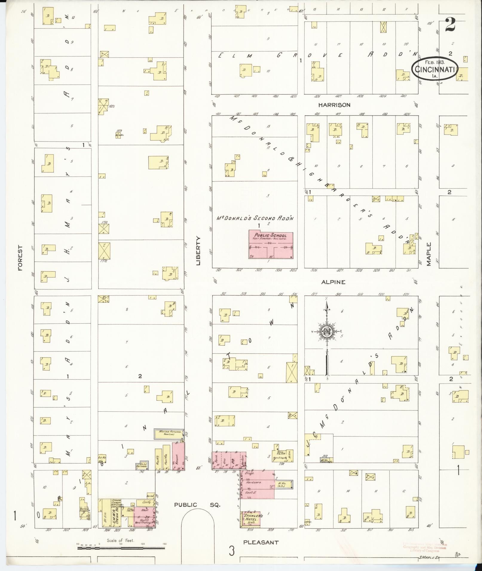 Sanborn Fire Insurance Map from Cincinnati, Appanoose County, Iowa (1913), Sheet #0002 - Historic Sanborn Fire Insurance Map Print, vintage old map wall art