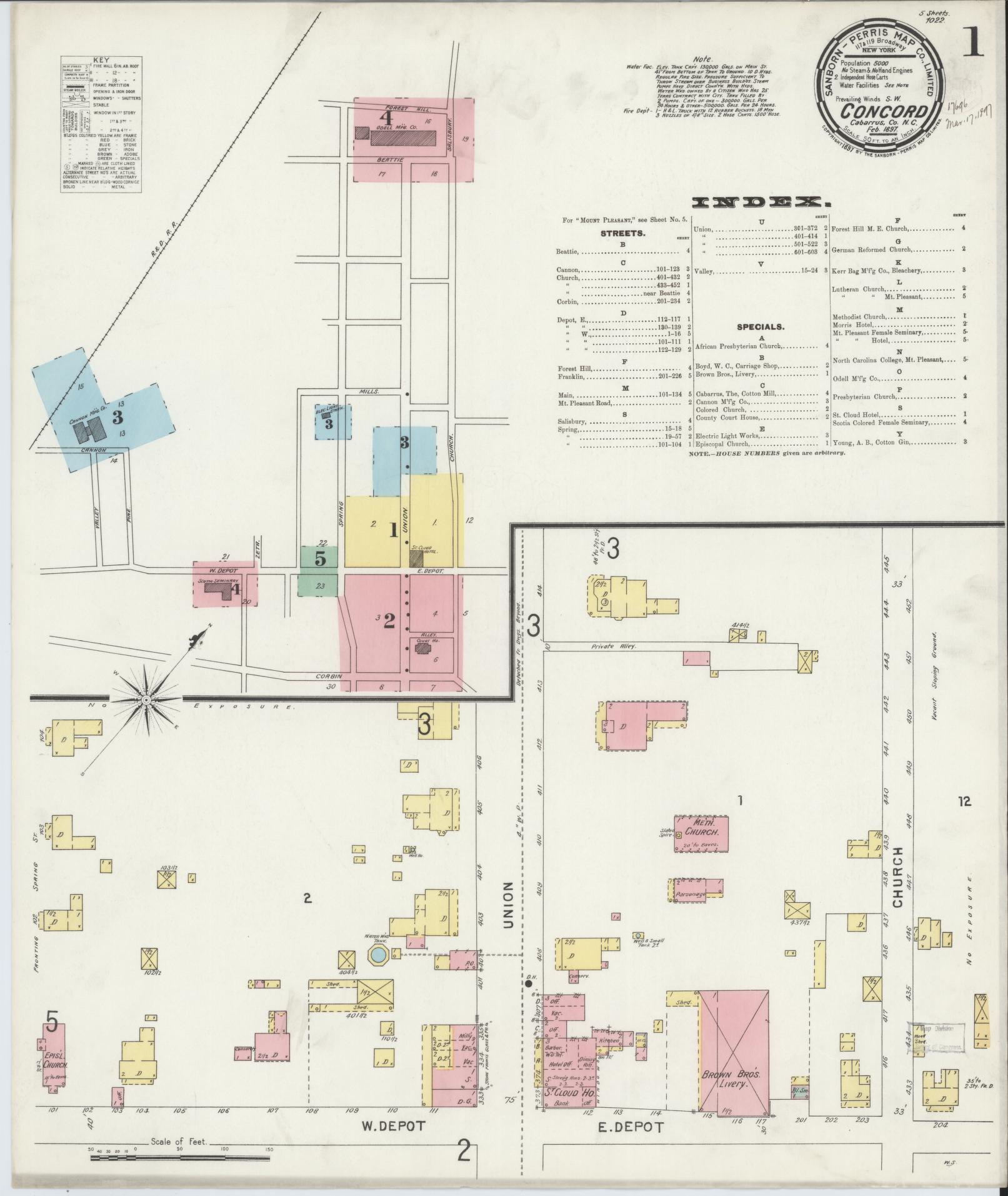 Sanborn Fire Insurance Map from Concord, Cabarrus County, North Carolina (1897), Sheet #0001 - Complete Map Set gallery image, historic Sanborn map, vintage wall art, North Carolina North Carolina