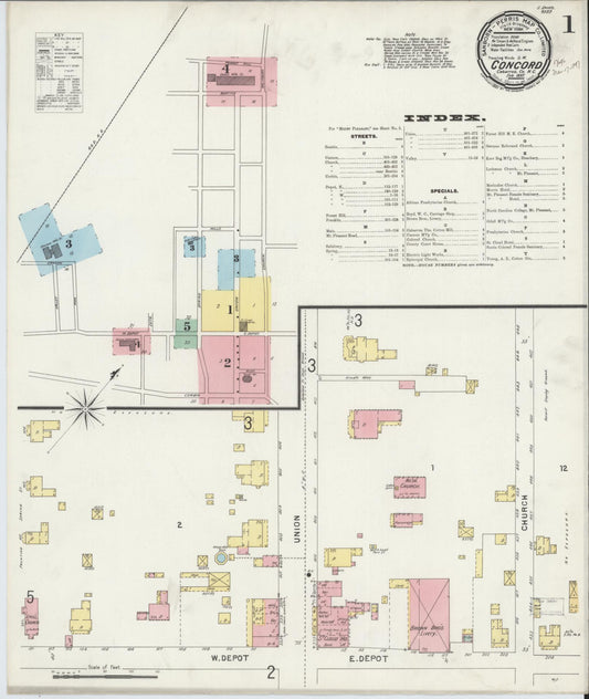 Sanborn Fire Insurance Map from Concord, Cabarrus County, North Carolina (1897), Sheet #0001 - Complete Map Set gallery image, historic Sanborn map, vintage wall art, North Carolina North Carolina