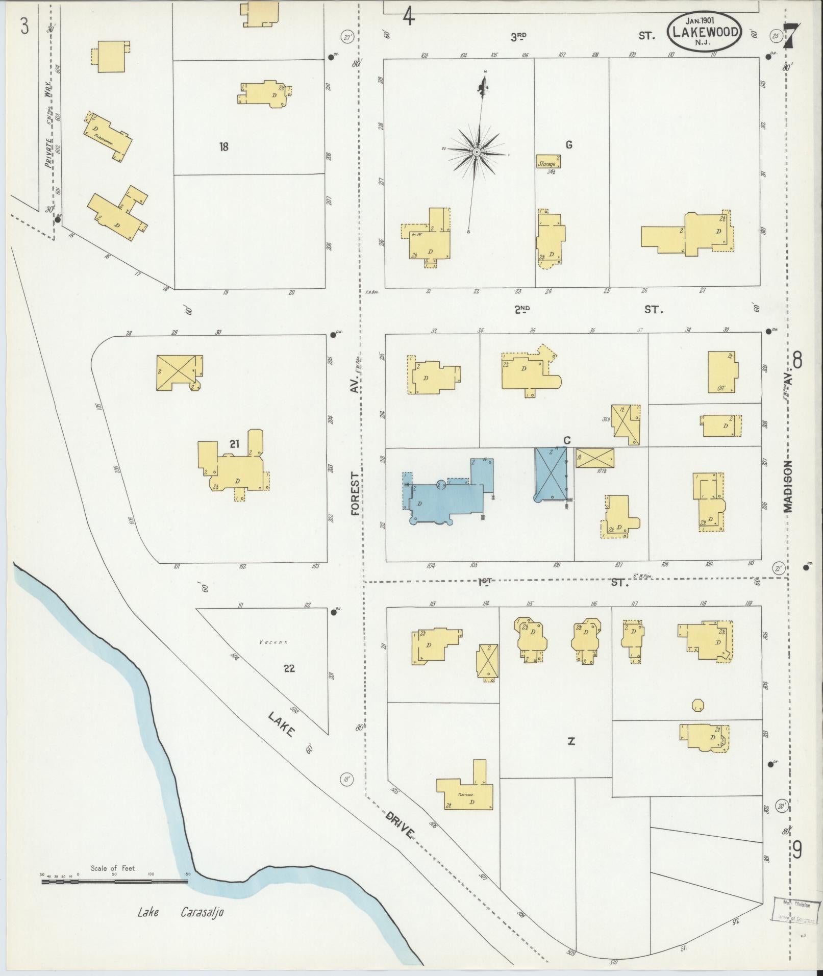 Sanborn Fire Insurance Map from Lakewood, Ocean County, New Jersey (1901), Sheet #0007 - Historic Sanborn Fire Insurance Map Print, vintage old map wall art, antique decor, genealogy gift, New Jersey New Jersey map