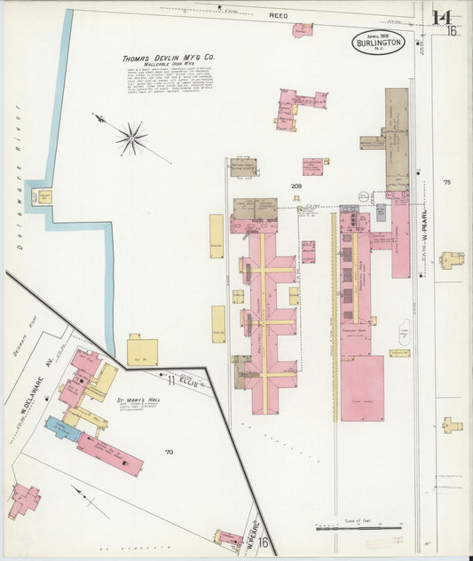 Sanborn Fire Insurance Map from Burlington, Burlington County, New Jersey (1908), Sheet #0013 - Historic Sanborn Fire Insurance Map Print, vintage old map wall art, antique decor, genealogy gift, New Jersey New Jersey map