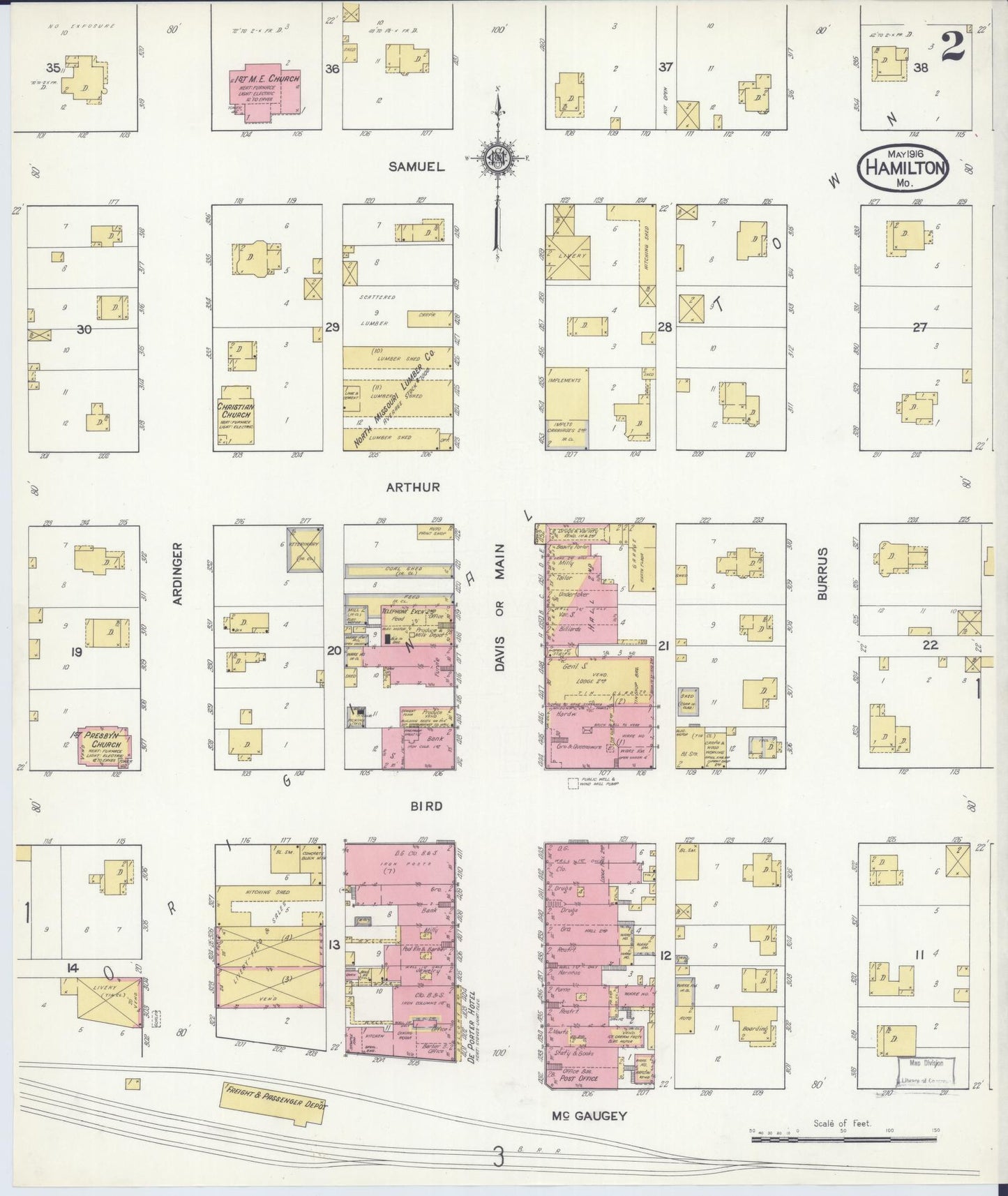 Sanborn Fire Insurance Map from Hamilton, Caldwell County, Missouri (1916), Sheet #0002 - Complete Map Set gallery image, historic Sanborn map, vintage wall art, Missouri Missouri