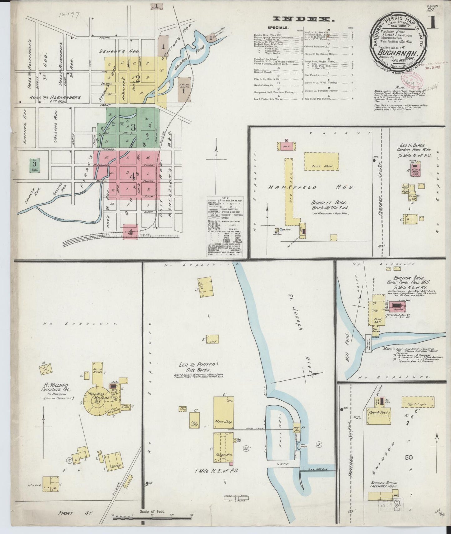 Sanborn Fire Insurance Map from Buchanan, Berrien County, Michigan (1895), Sheet #0001 - Historic Sanborn Fire Insurance Map Print, vintage old map wall art, antique decor, genealogy gift, Michigan Michigan map