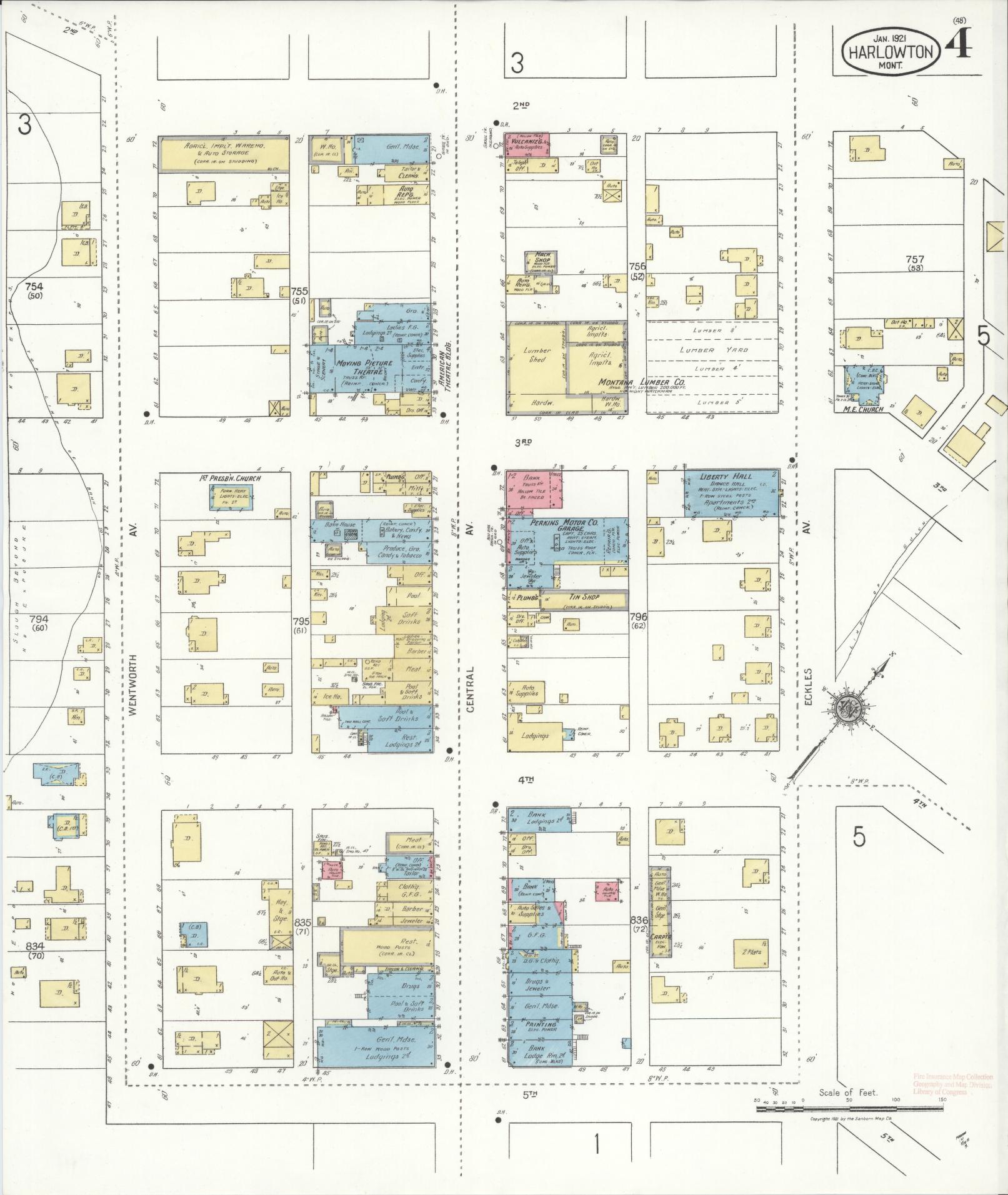 Sanborn Fire Insurance Map from Harlowton, Wheatland County, Montana (1921), Sheet #0004 - Historic Sanborn Fire Insurance Map Print, vintage old map wall art, antique decor, genealogy gift, Montana Montana map